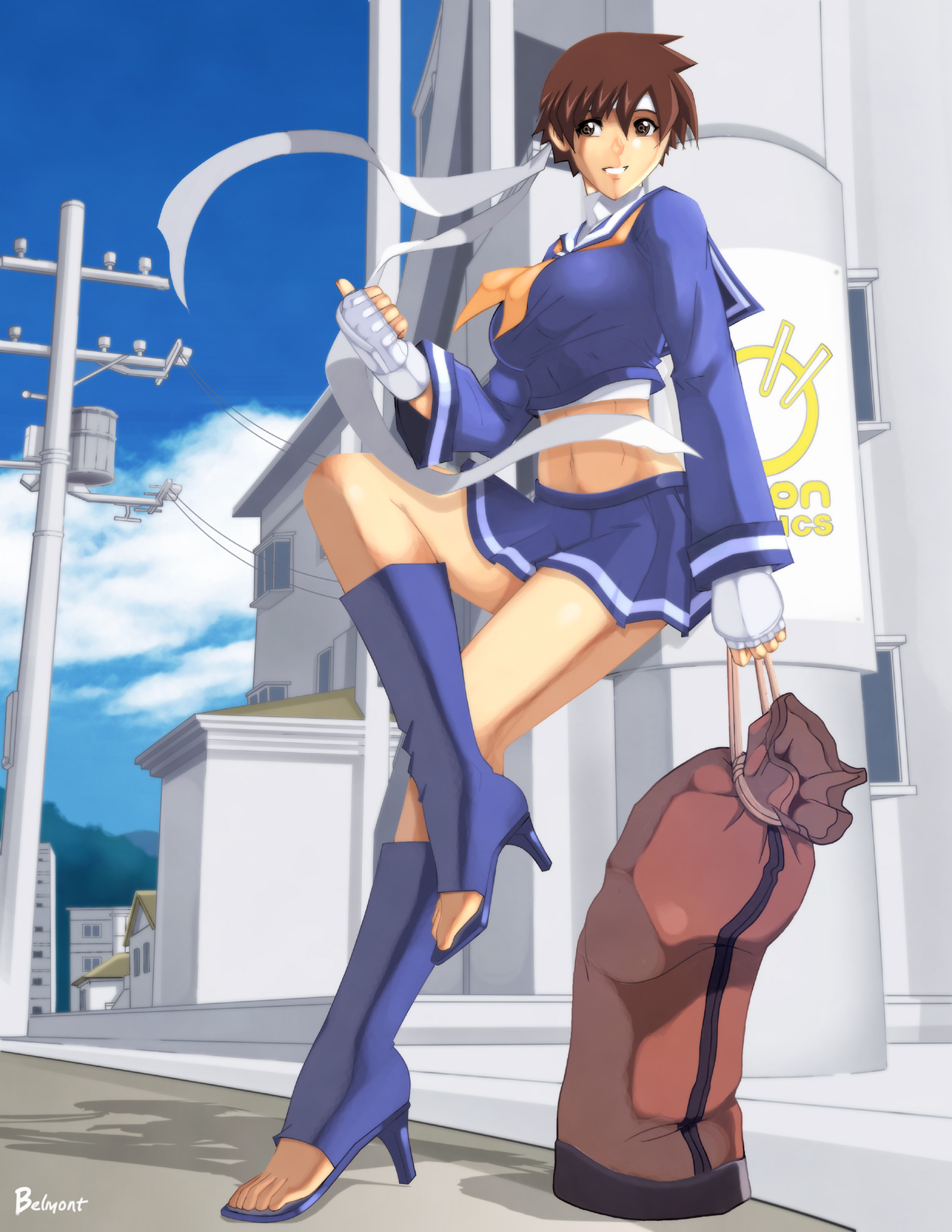 jose belmont, jose luis corona belmont, udon entertainment, kasugano sakura, capcom, street fighter, toeless footwear, highres, 1girl, aged up, alternate color, alternate costume, blue sailor collar, boots, breasts, crossed legs, female focus, fingerless gloves, gloves, headband, high heel boots, high heels, knee boots, large breasts, legs, midriff, miniskirt, sack, sailor collar, school uniform, shoes, sitting, skirt, solo, toeless legwear, toes