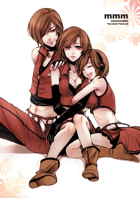 suzunosuke (sagula), meiko (vocaloid), meito (vocaloid), sakine meiko, vocaloid, bad id, bad pixiv id, 1boy, 2girls, aged down, breasts, brother and sister, brown eyes, brown hair, cleavage, dual persona, elbow gloves, everyone, family, genderswap, genderswap (ftm), gloves, headset, hug, large breasts, midriff, multiple girls, siblings, sitting, skirt, smile, time paradox