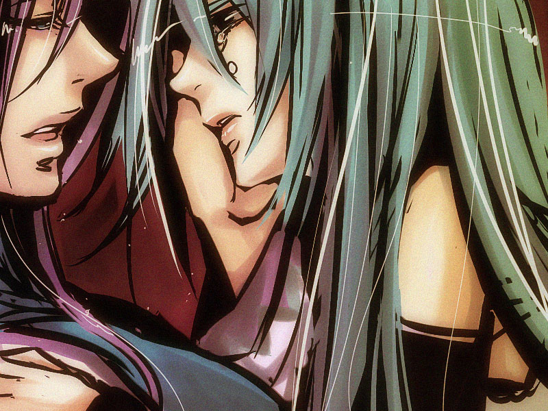 suzunosuke (sagula), hatsune miku, kamui gakupo, vocaloid, bad id, bad pixiv id, detached sleeves, green hair, purple hair, tears