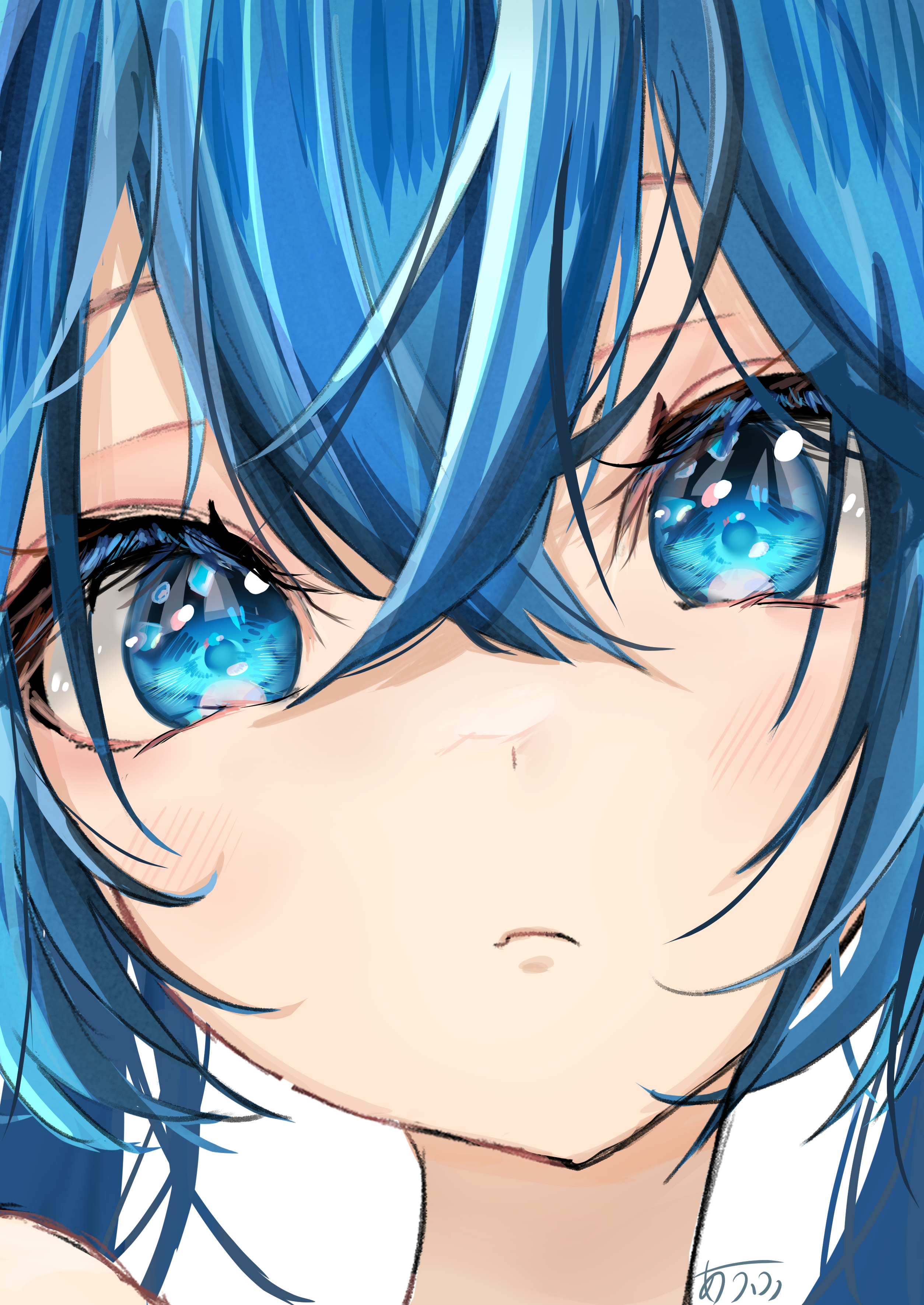 auhuheben17, original, absurdres, highres, 1girl, blue eyes, blue hair, eye focus, hair between eyes, looking at viewer, portrait, signature, solo, twintails, white background
