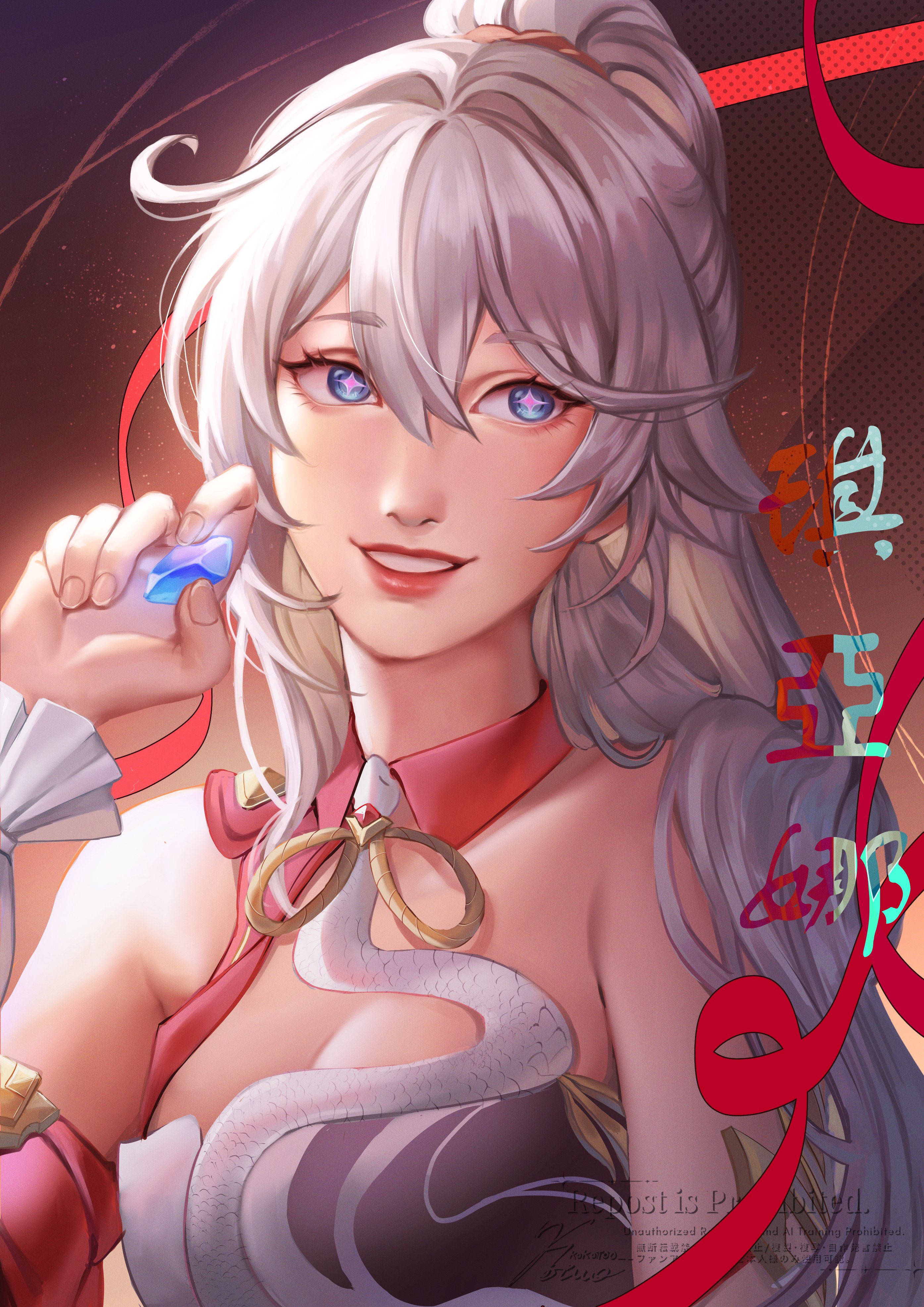 kokotuo, kiana kaslana, kiana kaslana (ba-dum! fiery wishing star), honkai (series), honkai impact 3rd, absurdres, commentary, english commentary, highres, 1girl, bare shoulders, blush, breasts, cleavage, crystal, dress, holding, holding crystal, large breasts, long hair, parted lips, ponytail, red sky, sky, solo, upper body, very long hair, white dress, white hair