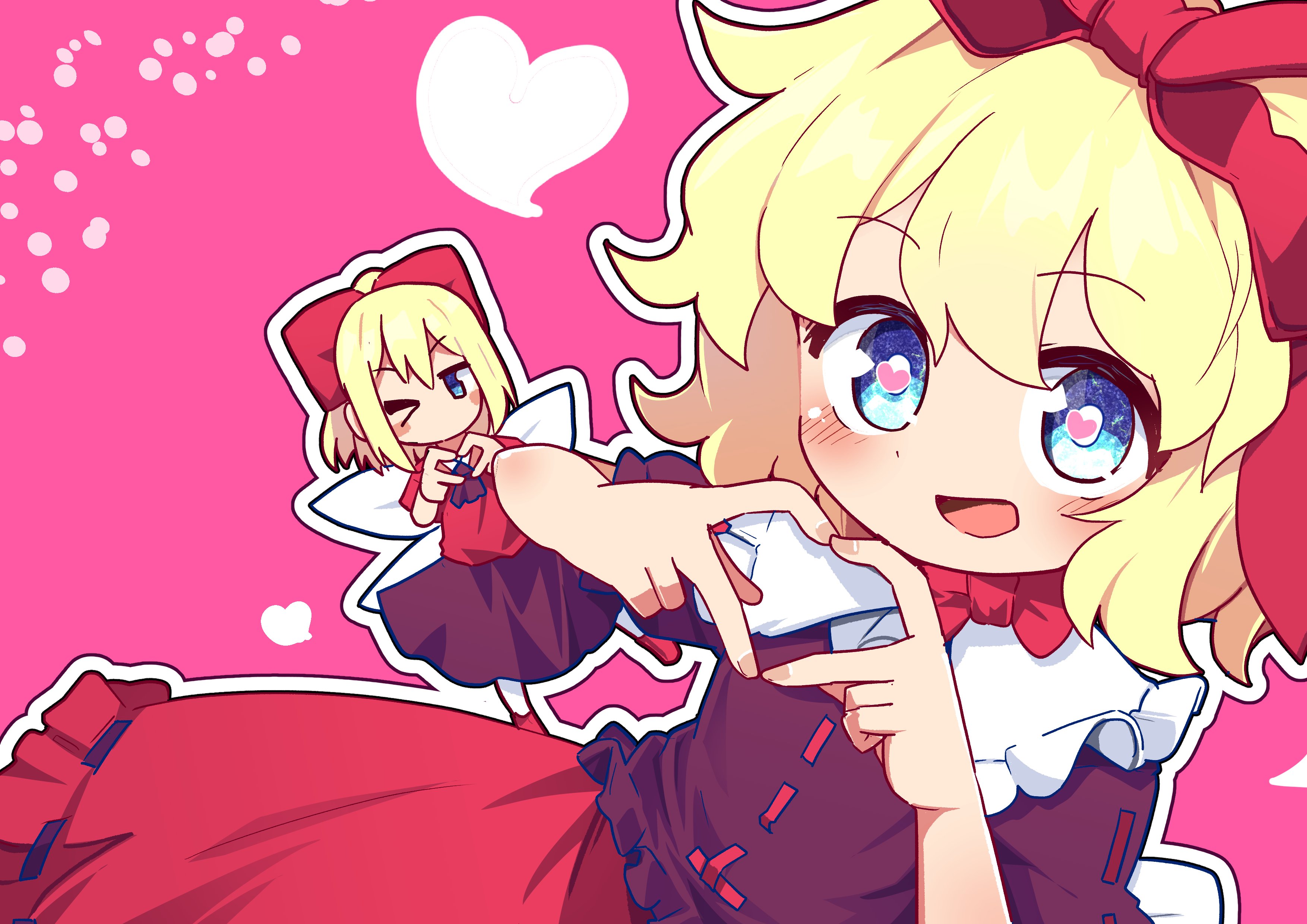 kanisawa yuuki, medicine melancholy, su-san, touhou, absurdres, highres, 2girls, black shirt, black skirt, blonde hair, blue eyes, blush, bow, fairy, fairy wings, frilled shirt, frilled shirt collar, frills, heart, heart-shaped pupils, heart hands, mini person, minigirl, multiple girls, no mouth, open mouth, ponytail, puffy short sleeves, puffy sleeves, red bow, red ribbon, red shirt, red skirt, ribbon, shirt, short hair, short sleeves, skirt, symbol-shaped pupils, wings