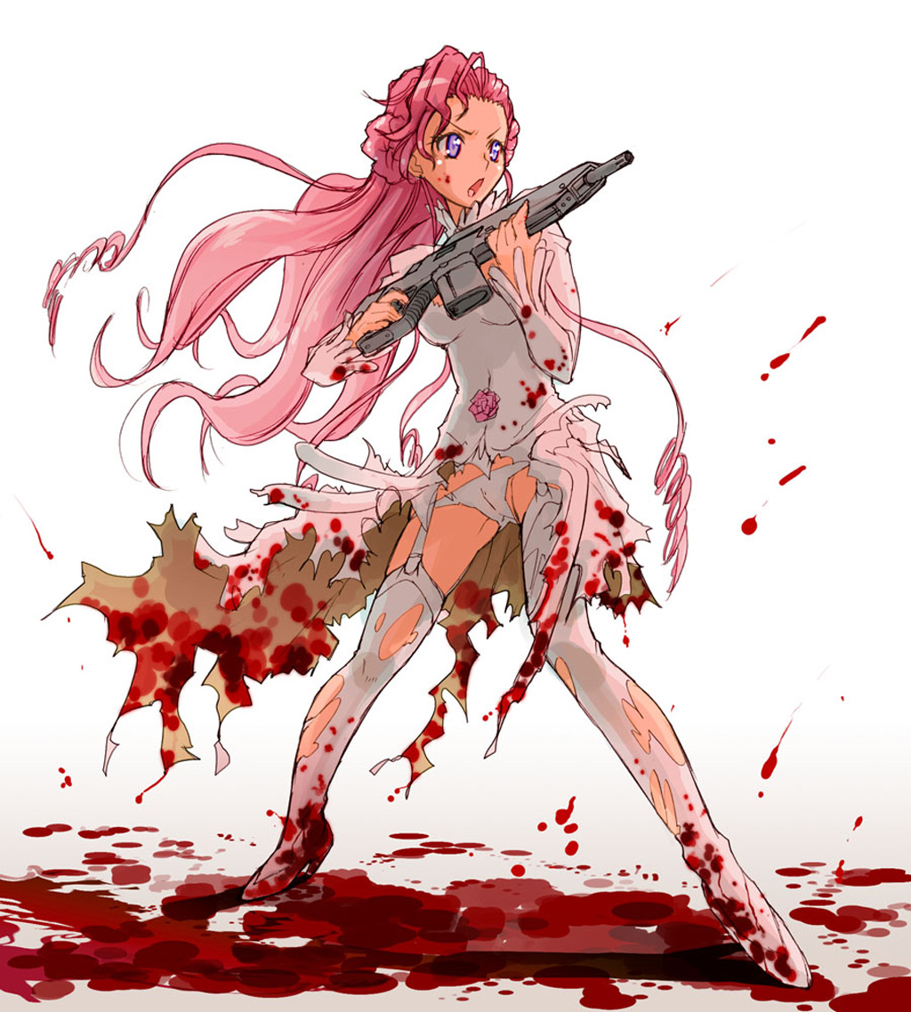 euphemia li britannia, code geass, 00s, blood, fighting stance, gun, hypnosis, long hair, mind control, open mouth, panties, pink hair, simple background, torn clothes, underwear, weapon, white background
