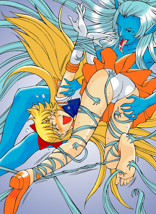 tickleague, aino minako, sailor venus, bishoujo senshi sailor moon, 1990s (style), alien, blonde hair, blush, claws, closed eyes, long hair, magical girl, open mouth, restrained, saliva, soles, sweat, tiara, tickling, tickling feet, toes, tongue, tongue out