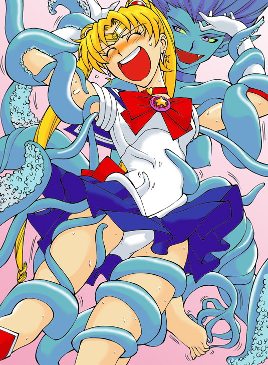 tickleague, sailor moon, tsukino usagi, bishoujo senshi sailor moon, 1990s (style), alien, barefoot, blonde hair, bow, choker, closed eyes, earrings, fangs, feet, gloves, heart, jewelry, open mouth, restrained, sweat, tentacles, tiara, tickling, tickling feet, toes, twintails