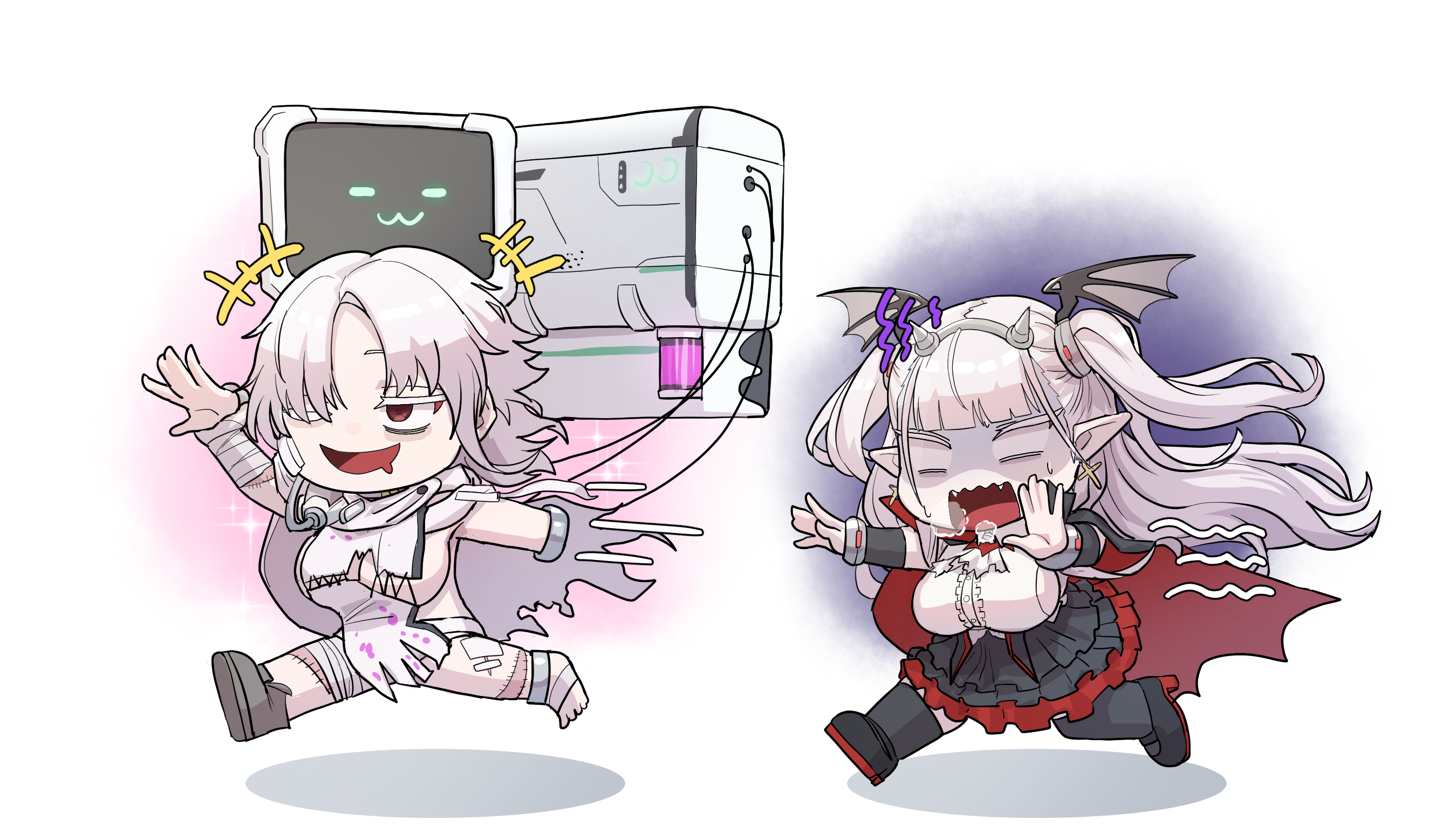 dryseaweed, draculina (last origin), last origin, highres, 2girls, :3, amputee, bandages, bat hair ornament, black cape, breasts, brown eyes, cape, chasing, chibi, drooling, fake horns, fangs, hair ornament, horns, hospital gown, large breasts, long hair, monitor, mouth drool, multiple girls, one eye closed, oxygen mask, pointy ears, shoes, simple background, single shoe, stitched arm, stitched leg, stitches, sweatdrop, toy airplane, two side up, vampire, vampire costume, white hair, wistar (last origin)