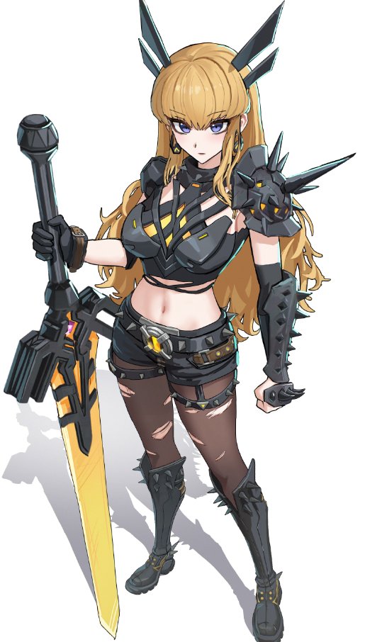 skrillex li, magik (x-men), marvel, marvel rivals, x-men, 1girl, armor, blonde hair, blue eyes, breasts, cleavage, clothing cutout, crop top, gloves, holding, holding sword, holding weapon, long hair, looking at viewer, midriff, navel, short shorts, shorts, solo, spikes, sword, weapon