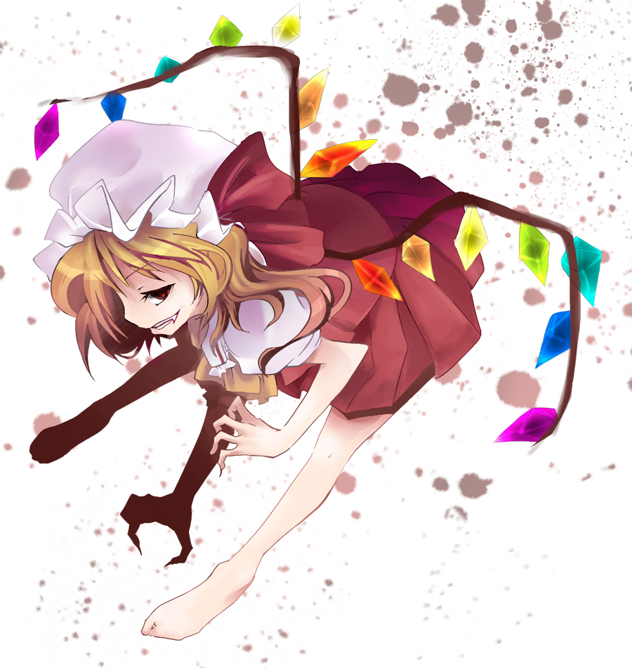 pepeko, flandre scarlet, touhou, bad id, bad pixiv id, 1girl, barefoot, blonde hair, fangs, feet, female focus, fingernails, full body, grin, hat, long fingernails, red eyes, shadow, smile, solo, white background, wings