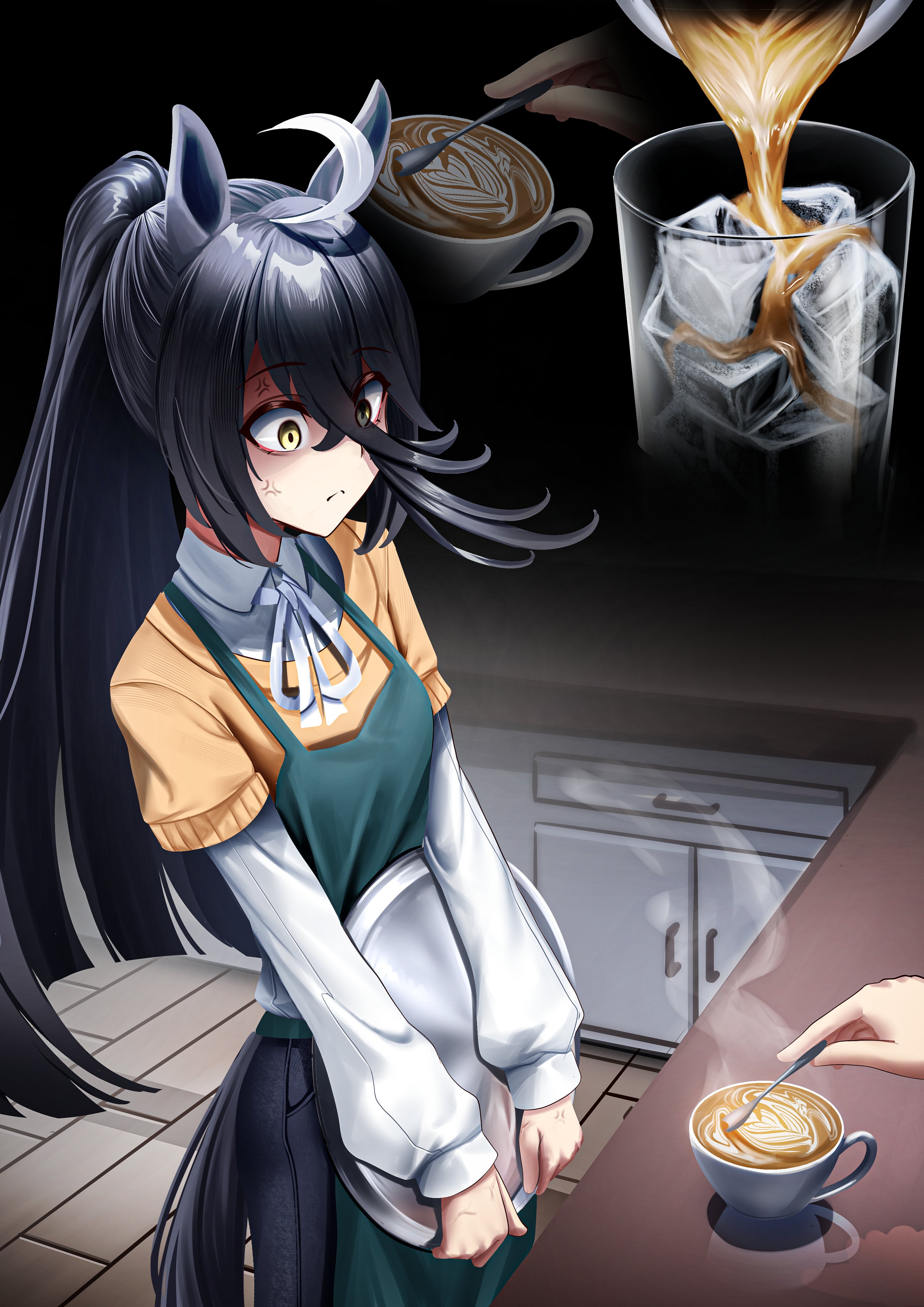 manjo (warito), manhattan cafe (umamusume), umamusume, absurdres, commentary, english commentary, highres, 1girl, 1other, ahoge, anger vein, angry, animal ears, apron, black hair, black pants, brown shirt, closed mouth, coffee, green apron, hair between eyes, holding, holding spoon, holding tray, horse ears, horse girl, horse tail, pants, ponytail, shirt, shirt under shirt, sidelocks, spoon, tail, tray, white shirt, yellow eyes
