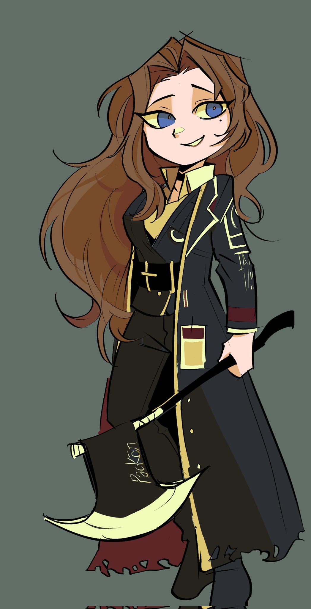 05 soleil, rodion (project moon), limbus company, project moon, highres, 1girl, :d, axe, belt, black coat, blue eyes, brown hair, coat, collared shirt, contrapposto, curtained hair, full body, holding, holding axe, id card, long sidelocks, looking at viewer, mole, mole under eye, open clothes, open coat, open mouth, popped collar, shirt, sidelocks, smile, solo, standing, wavy hair, white shirt