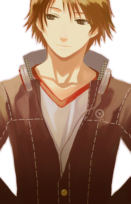 seiru (prairie), hanamura yousuke, atlus, persona, persona 4, 1boy, brown eyes, brown hair, collarbone, headphones, male focus, school uniform, simple background, solo