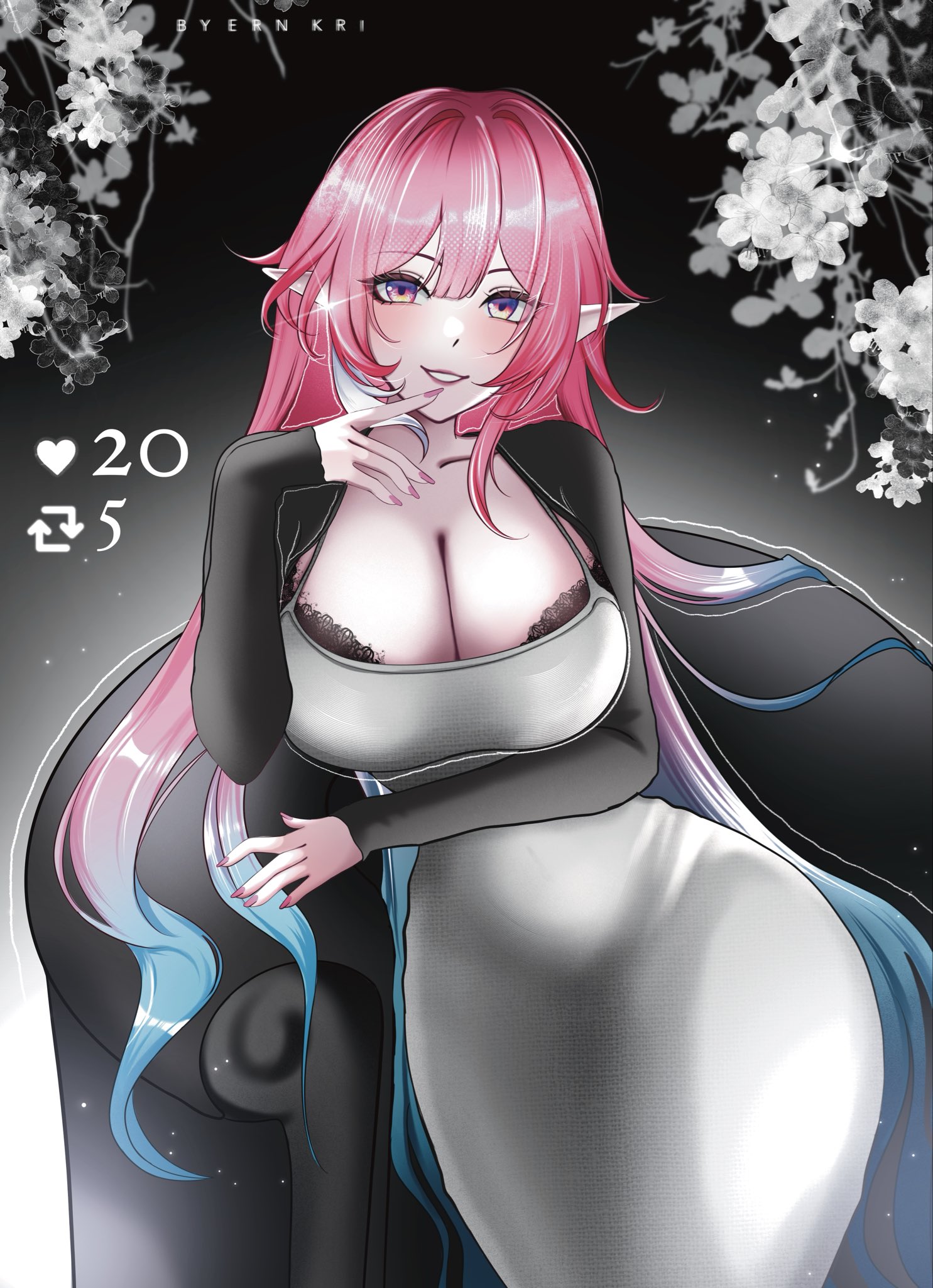 cyrene (honkai: star rail), cyrene (ripples of past reverie) (honkai: star rail), honkai: star rail, honkai (series), commentary, english commentary, highres, 1girl, alternate costume, aqua hair, artist name, black bra, bra, bra peek, breasts, cleavage, couch, dongtan dress, dress, elf, ern kri, gradient hair, grey dress, large breasts, like and retweet, long hair, looking at viewer, multicolored hair, pink hair, pointy ears, purple eyes, solo, underwear, very long hair, white hair