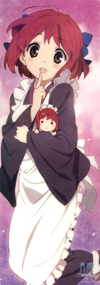 horiguchi yukiko, hisui (tsukihime), kohaku (tsukihime), tsukihime, long image, tall image, 00s, apron, chibi, headdress, japanese clothes, kimono, maid, maid apron, red hair, ribbon, sandals, short hair, siblings, sisters, solo, twins, wa maid, yellow eyes