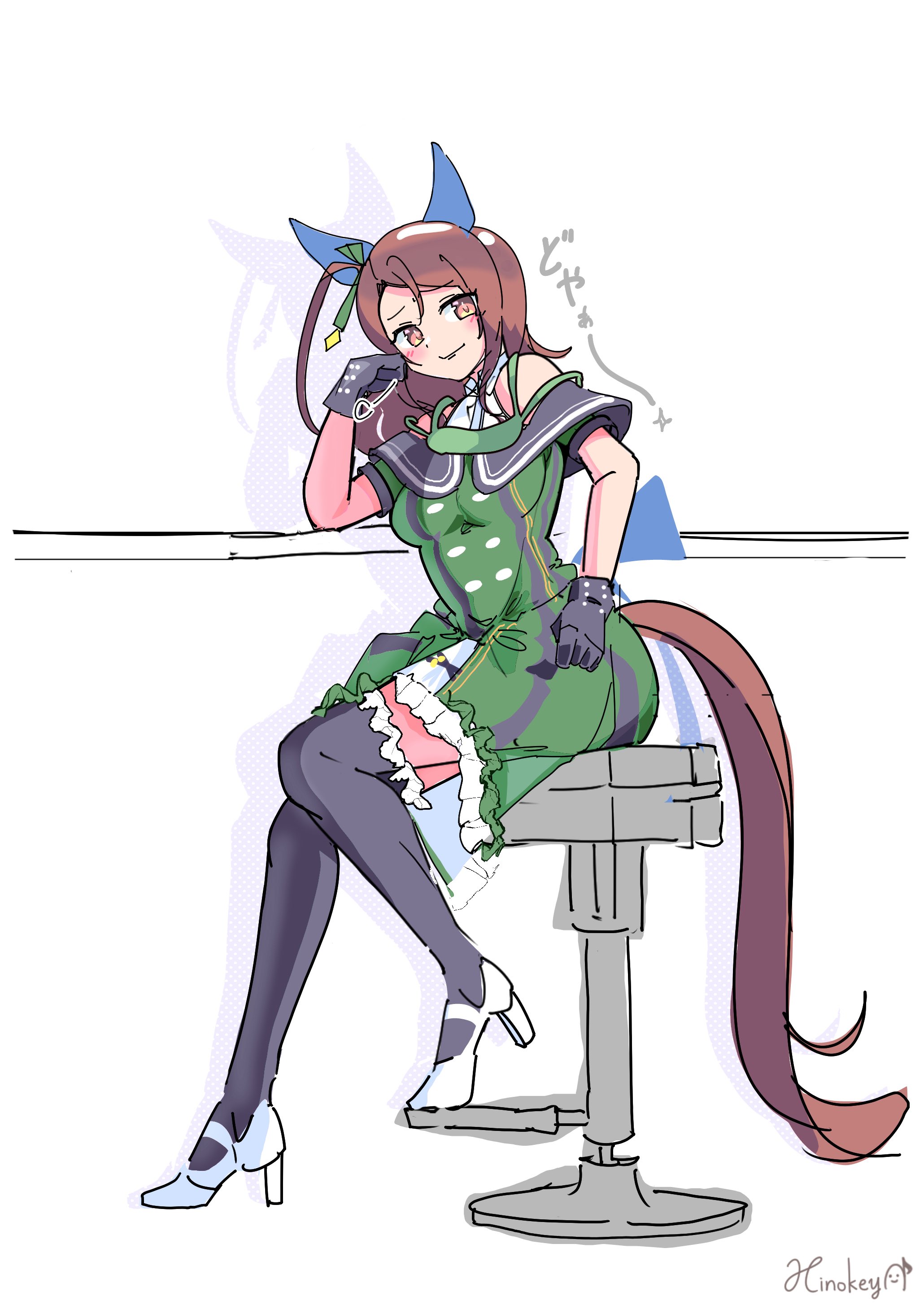 hinokey (hinokey0126), king halo (king of emeralds) (umamusume), king halo (umamusume), umamusume, absurdres, highres, 1girl, animal ears, bare shoulders, black gloves, black thighhighs, blush, bow, breasts, brown hair, closed mouth, dress, ear bow, ear covers, ear ribbon, frilled thighhighs, frills, garter straps, gloves, green bow, green dress, hair between eyes, head rest, high heels, horse ears, horse girl, horse tail, long hair, looking at viewer, off-shoulder dress, off shoulder, on stool, red eyes, sitting, smile, solo, stool, tail, thighhighs