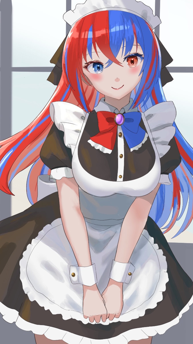 tarutaru193, female alear (fire emblem), fire emblem, fire emblem engage, nintendo, highres, 1girl, alternate costume, apron, black dress, blue bow, blue eyes, blue hair, blush, bow, breasts, closed mouth, crossed bangs, dress, hair between eyes, heterochromia, large breasts, long hair, looking at viewer, maid, maid apron, maid headdress, multicolored hair, puffy short sleeves, puffy sleeves, red bow, red eyes, red hair, short sleeves, smile, solo, split-color hair, two-tone hair, very long hair, white apron, white headdress, white wrist cuffs, wrist cuffs
