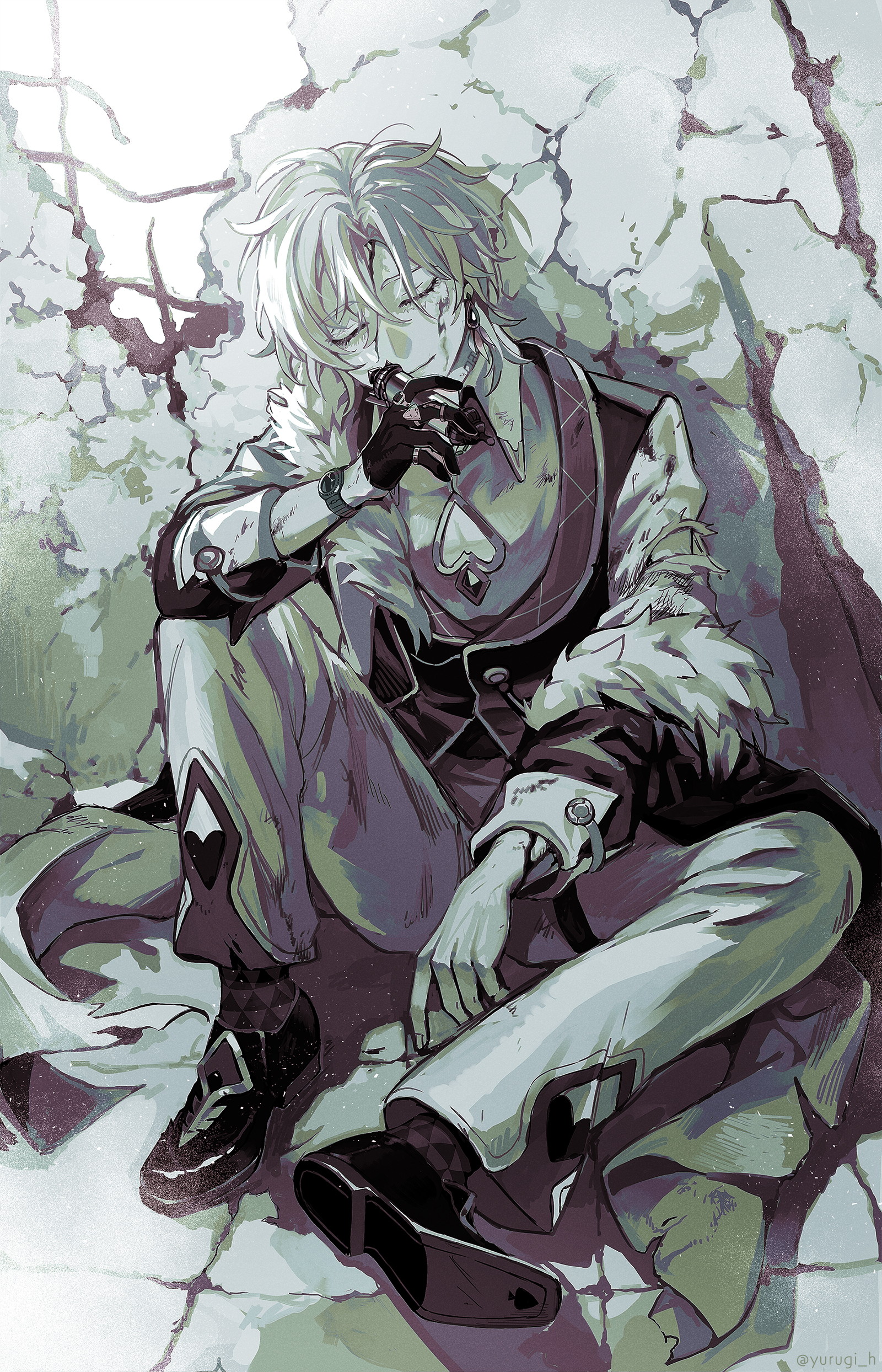 aventurine (honkai: star rail), honkai: star rail, honkai (series), absurdres, commentary request, highres, 1boy, against wall, bleeding, blood, blood from forehead, blood on face, cleavage cutout, closed eyes, closed mouth, clothing cutout, collared shirt, crossed bangs, earrings, fur-trimmed jacket, fur trim, gloves, greyscale, hair between eyes, hand up, holding, jacket, jewelry, knee up, male focus, messy hair, monochrome, multiple rings, neck tattoo, off shoulder, on ground, open clothes, open jacket, pants, parted bangs, ring, shirt, shoes, short hair, single earring, single glove, sitting, sleeve cuffs, smile, socks, solo, stone floor, tattoo, thigh strap, three-quarter sleeves, torn clothes, torn shirt, u u, vest, watch, wristwatch, yurugi (yurugi h)