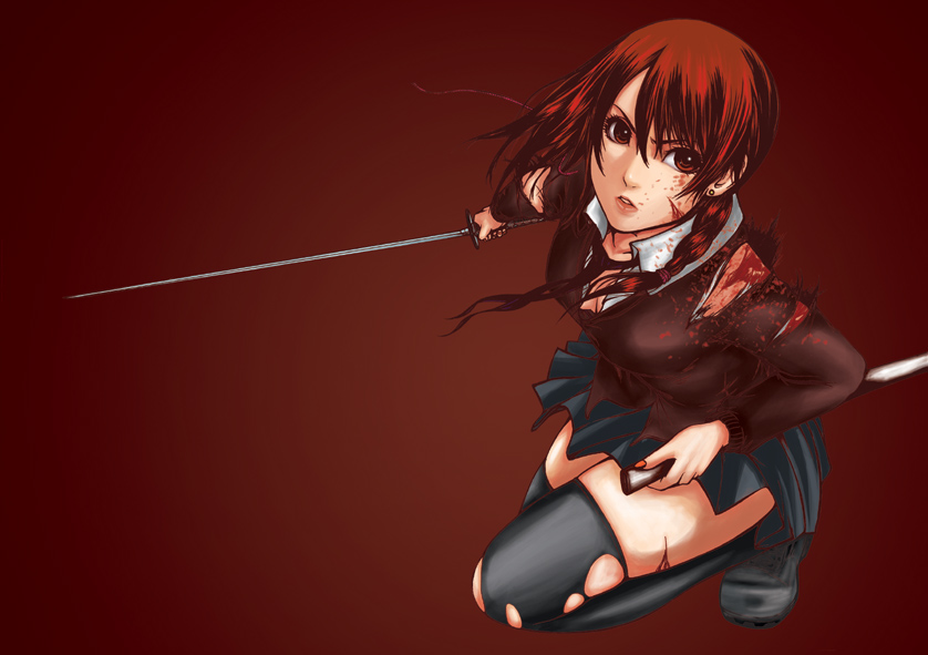 akisu karasu, original, bad id, bad pixiv id, blood, braid, brown eyes, brown hair, katana, looking up, sheath, skirt, solo, sword, thighhighs, weapon