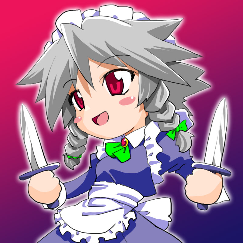 kanoe (gallery walhalla), izayoi sakuya, embodiment of scarlet devil, touhou, silver hair, 1girl, blush, braid, chibi, female focus, hairband, knife, maid, red eyes, ribbon, short hair, solo, twin braids