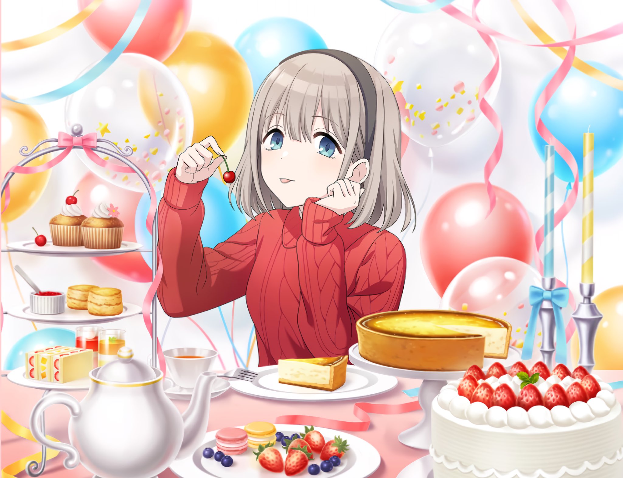 serizawa asahi, idolmaster, idolmaster shiny colors, official art, 1girl, balloon, blue eyes, blueberry, cake, candle, cherry, cup, food, fork, fruit, grey hair, hairband, holding, plate, solo, star (symbol), strawberry, sweater, teacup, teapot, tongue, tongue out