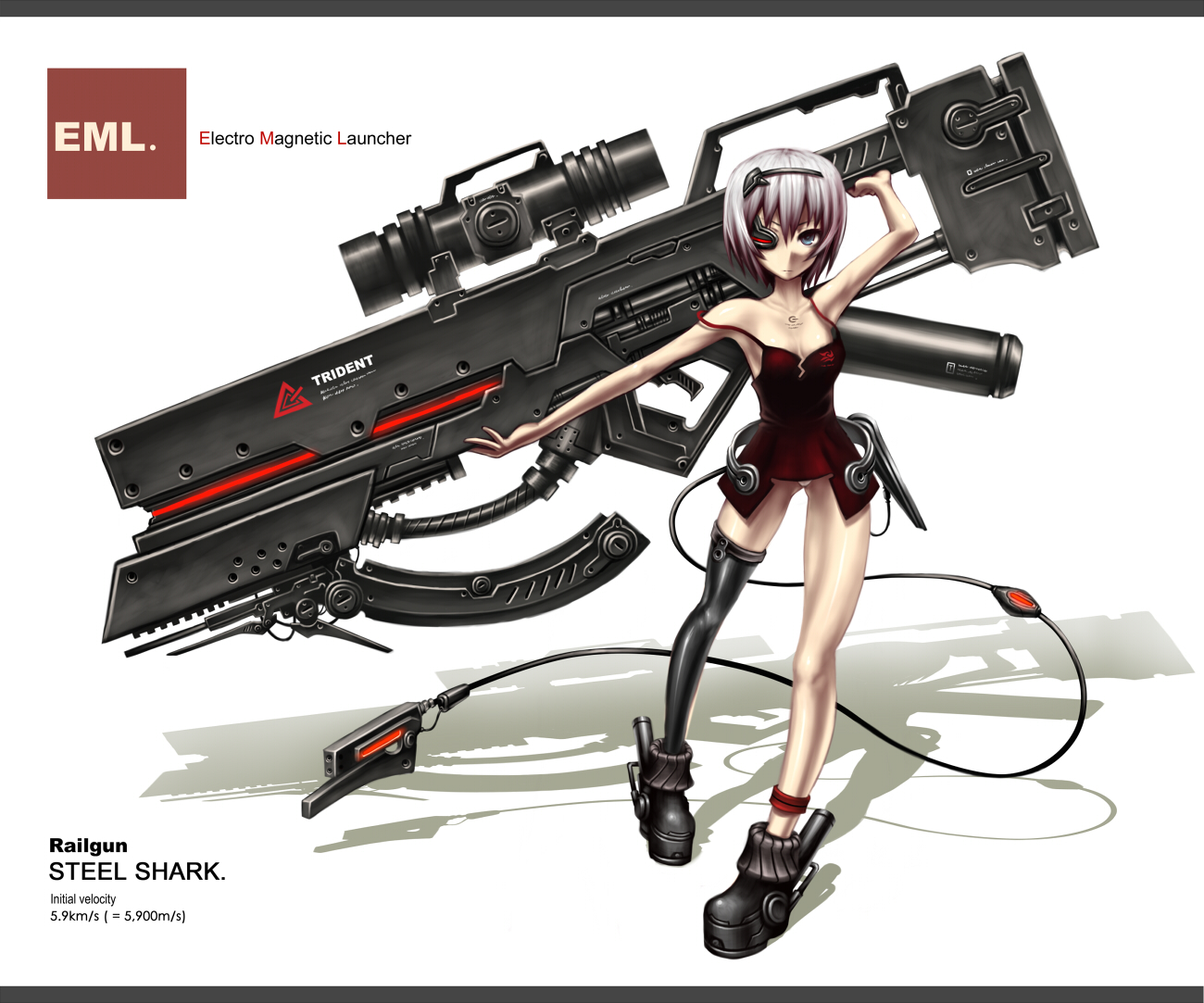 gia, original, visor, 1girl, asymmetrical clothes, bare shoulders, blue eyes, boots, female focus, gun, head-mounted display, huge weapon, magnetic weapon, panties, pantyshot, railgun, single thighhigh, solo, thighhighs, underwear, weapon, white hair