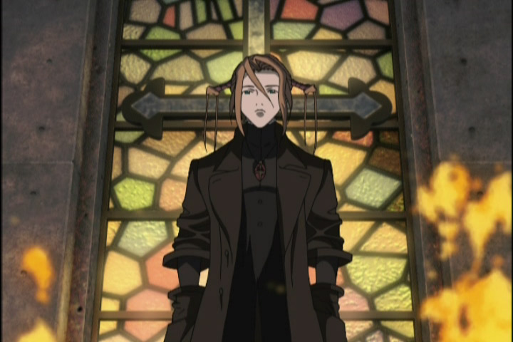 murase shuko, robin sena, witch hunter robin, tagme, 00s, 1girl, cross, female focus, fire, indoors, jewelry, necklace, solo, standing