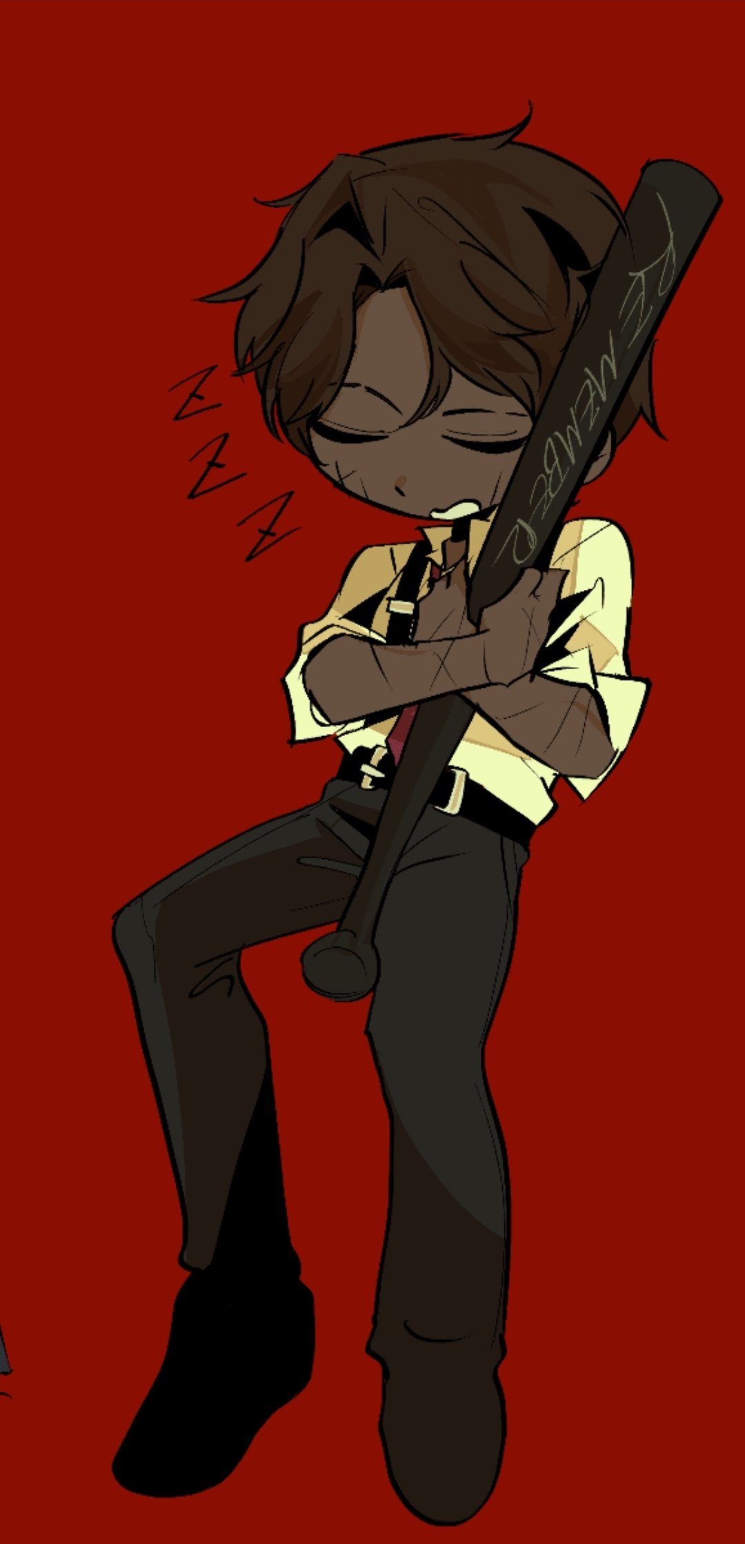 05 soleil, heathcliff (project moon), limbus company, project moon, highres, 1boy, baseball bat, belt, brown hair, closed eyes, collared shirt, cross scar, dark-skinned male, dark skin, full body, holding, holding baseball bat, hugging object, invisible chair, male focus, multiple scars, open mouth, scar, scar on arm, scar on face, shirt, short hair, sitting, sleeves rolled up, solo, suspenders, white shirt, zzz