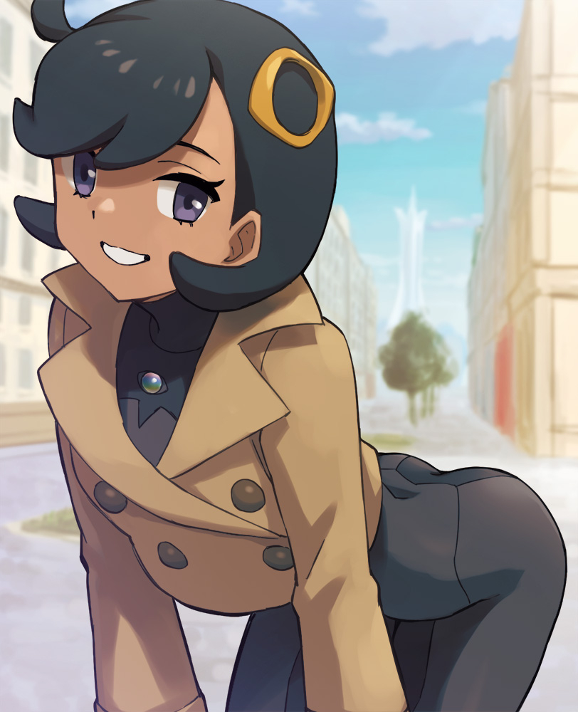 hashi, emma (pokemon), nintendo, pokemon, pokemon legends: z-a, check commentary, commentary, commentary request, 1girl, ass, black bodysuit, black hair, bodysuit, bodysuit under clothes, breasts, brown jacket, dark-skinned female, dark skin, gloves, grin, hair ornament, jacket, latex, latex bodysuit, looking at viewer, lumiose city, mega stone, orange gloves, purple eyes, short hair, smile, solo