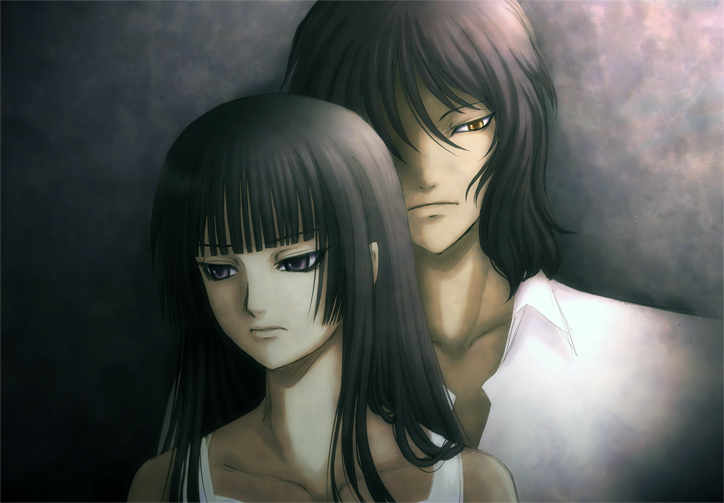 mc-4, iizuna noriyuki, isayama yomi, noriyuki iizuna, ga-rei, ga-rei zero, 00s, black hair, blunt bangs, brown hair, hime cut, long hair, purple eyes, yellow eyes