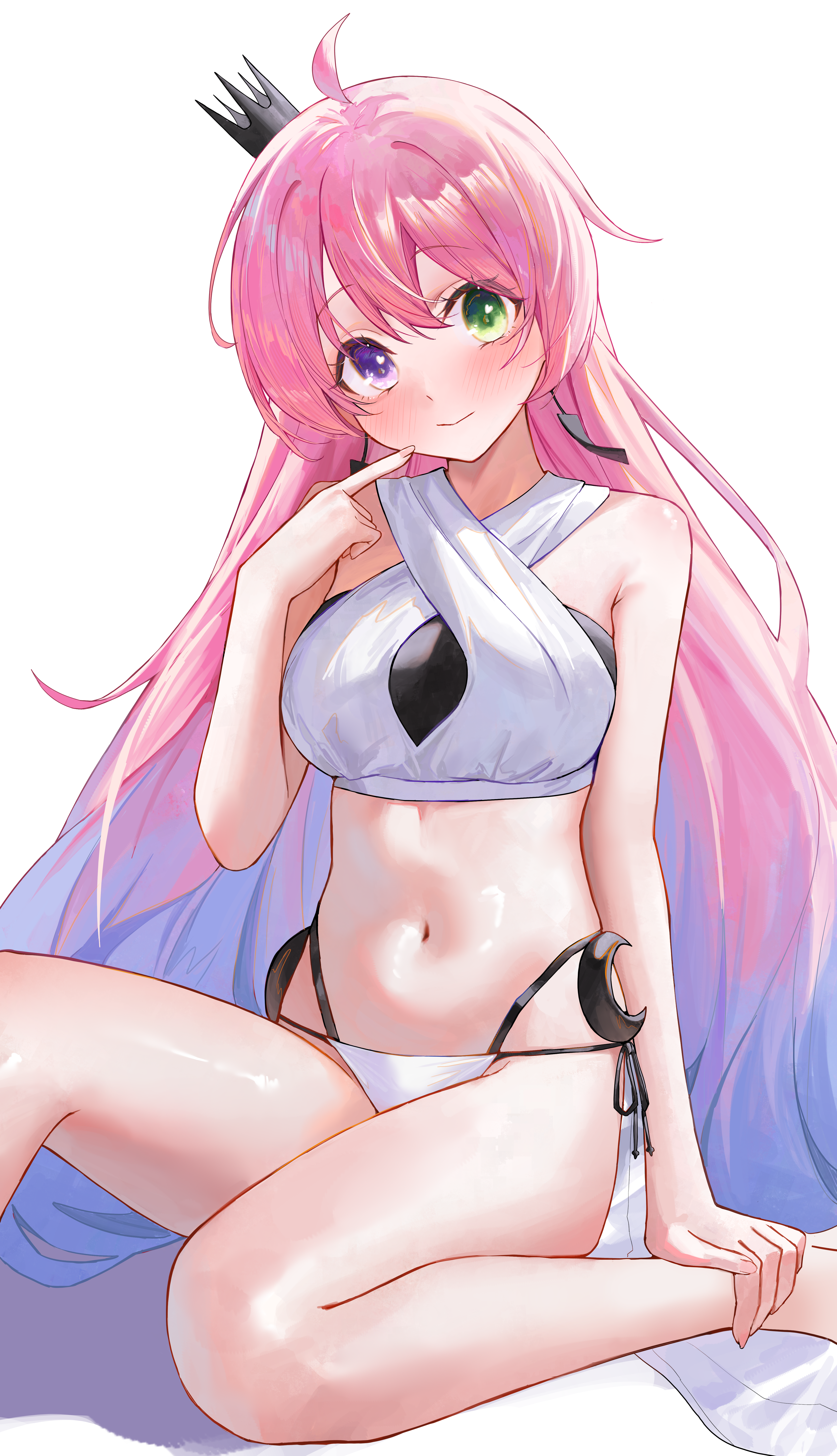 kaze 22, himemori luna, hololive, absurdres, commentary request, highres, korean commentary, 1girl, bikini, breasts, crown, gradient hair, green eyes, heterochromia, long hair, looking at viewer, medium breasts, multicolored hair, navel, pink hair, purple eyes, solo, swimsuit, virtual youtuber