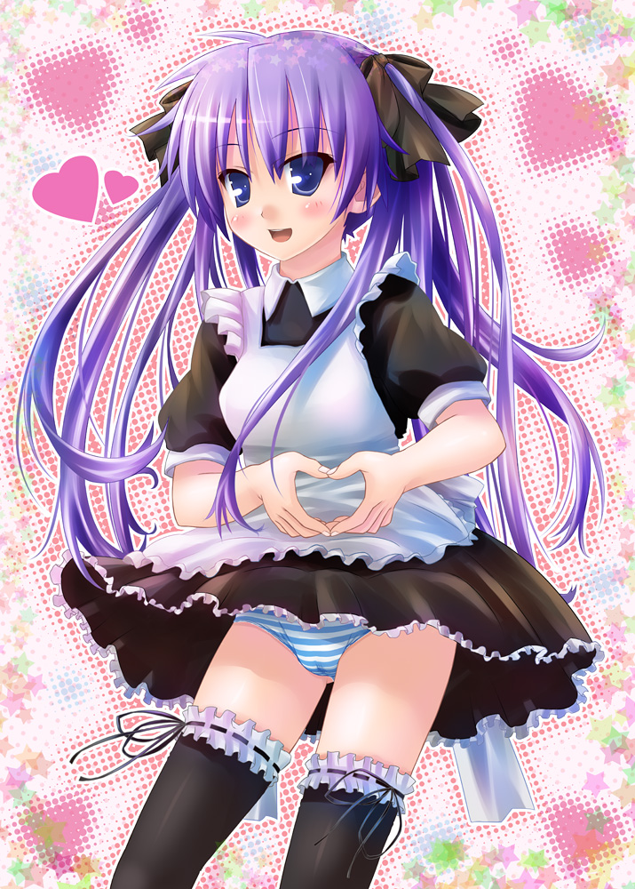 kisaragi miyu, hiiragi kagami, lucky star, 00s, alternate costume, apron, blue eyes, cowboy shot, enmaided, frilled thighhighs, frills, hair ribbon, heart, heart hands, long hair, maid, maid apron, moe moe kyun!, panties, pantyshot, purple hair, ribbon, smile, solo, striped clothes, striped panties, thighhighs, twintails, underwear