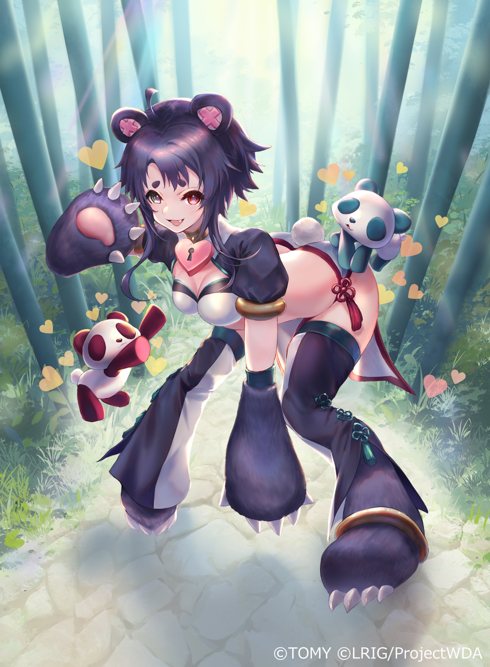 dqn (dqnww), wixoss, highres, official art, 1girl, ahoge, animal ears, bamboo, bamboo forest, bear ears, bear girl, bear paw, black hair, black thighhighs, breasts, cleavage, copyright notice, fang, forest, heart, heterochromia, looking at viewer, medium breasts, nature, open mouth, panda, pandada (wixoss), red eyes, short hair, short shorts, shorts, smile, solo, strapless, thighhighs, tube top, white shorts, white tube top, yellow eyes