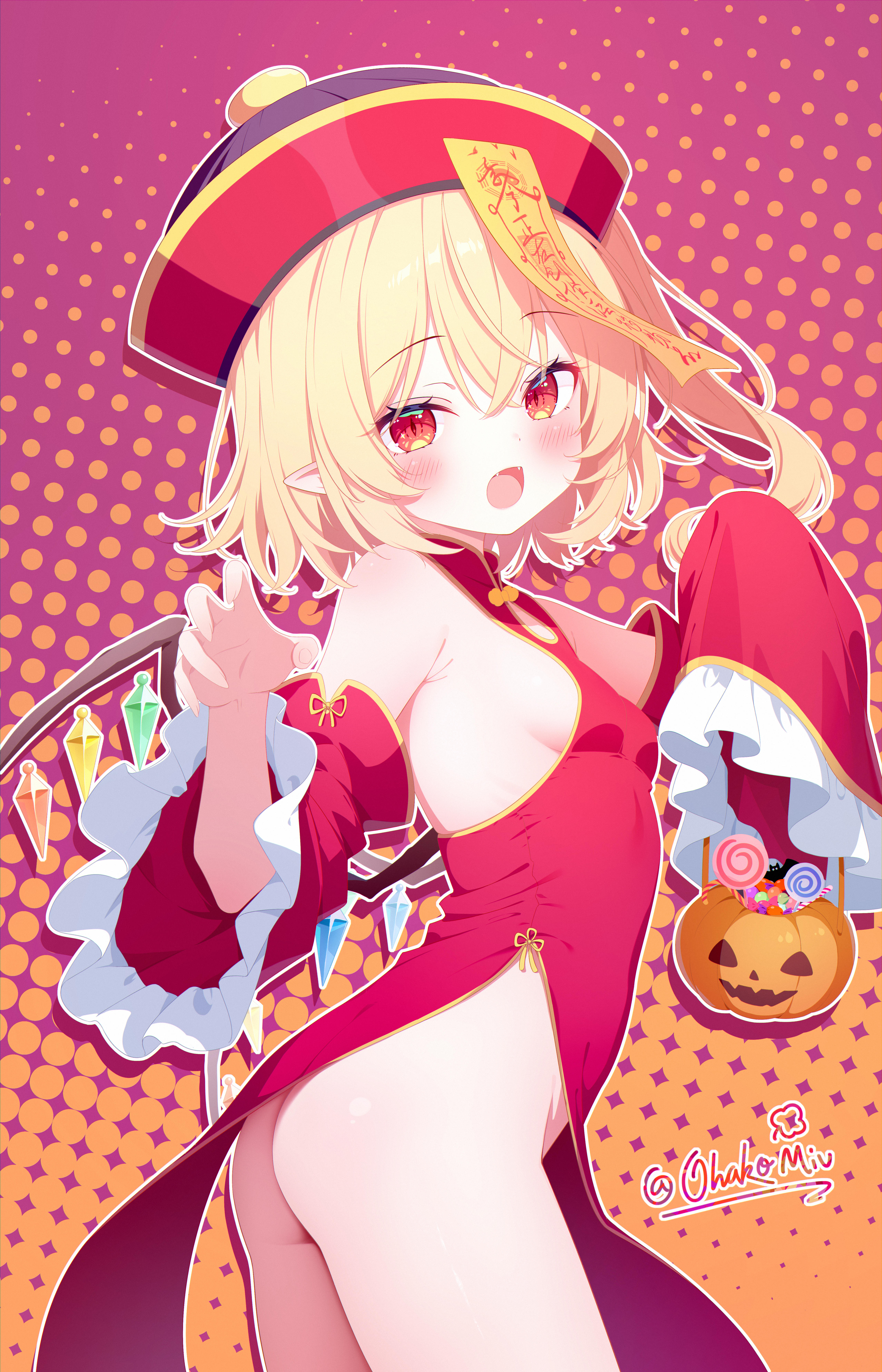 ohako miyu, flandre scarlet, touhou, absurdres, chinese commentary, commentary, commentary request, english commentary, highres, mixed-language commentary, 1girl, :o, alternate costume, blonde hair, blush, breasts, china dress, chinese clothes, claw pose, cowboy shot, detached sleeves, dress, fangs, hair between eyes, halftone, halftone background, halloween bucket, hat, jiangshi costume, long hair, long sleeves, looking at viewer, looking to the side, no bra, no panties, ofuda, ofuda on head, open mouth, orange background, pointy ears, purple background, qingdai guanmao, red dress, red eyes, red hat, red skirt, shirt, side slit, sideboob, skirt, slit pupils, small breasts, solo, twitter username, white shirt, wings