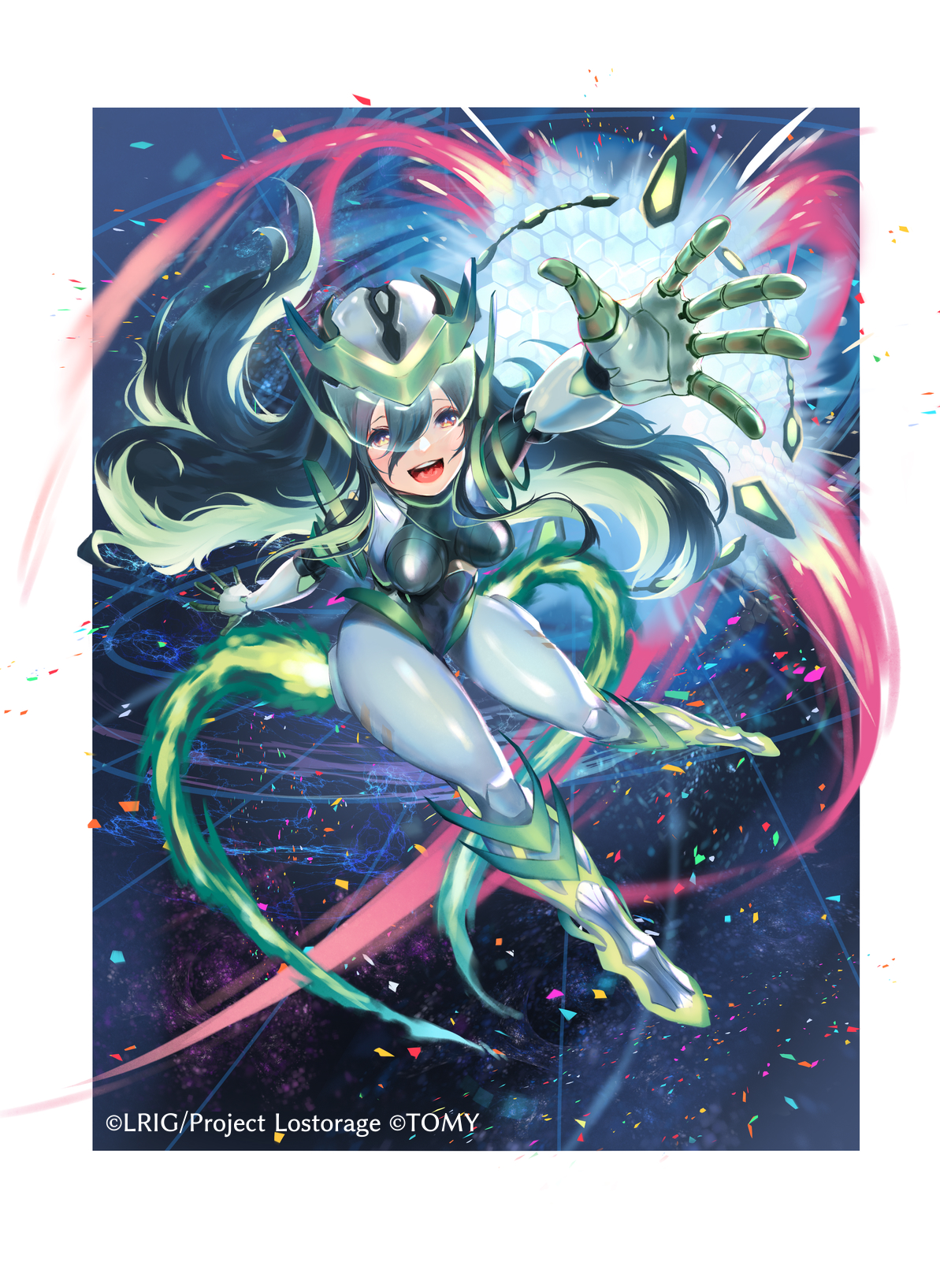 dqn (dqnww), wixoss, highres, official art, 1girl, aqua bodysuit, aqua gloves, black leotard, bodysuit, copyright notice, gloves, green eyes, green hair, leotard, long hair, looking at viewer, open mouth, servant o4 (wixoss), smile, solo, teeth, upper teeth only, white background