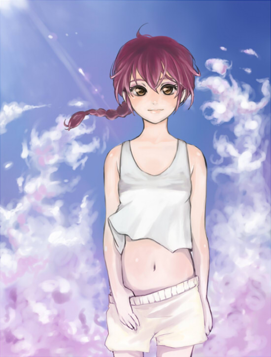 piaon, ranma-chan, saotome ranma, ranma 1/2, bad id, bad pixiv id, gender request, 1girl, androgynous, blush, boxers, braid, brown eyes, cloud, crossdressing, crossdressing (ftm), female focus, genderswap, lips, loose clothes, loose shirt, male underwear, pin, shirt, single braid, sky, smile, solo, tank top, underwear, yellow eyes