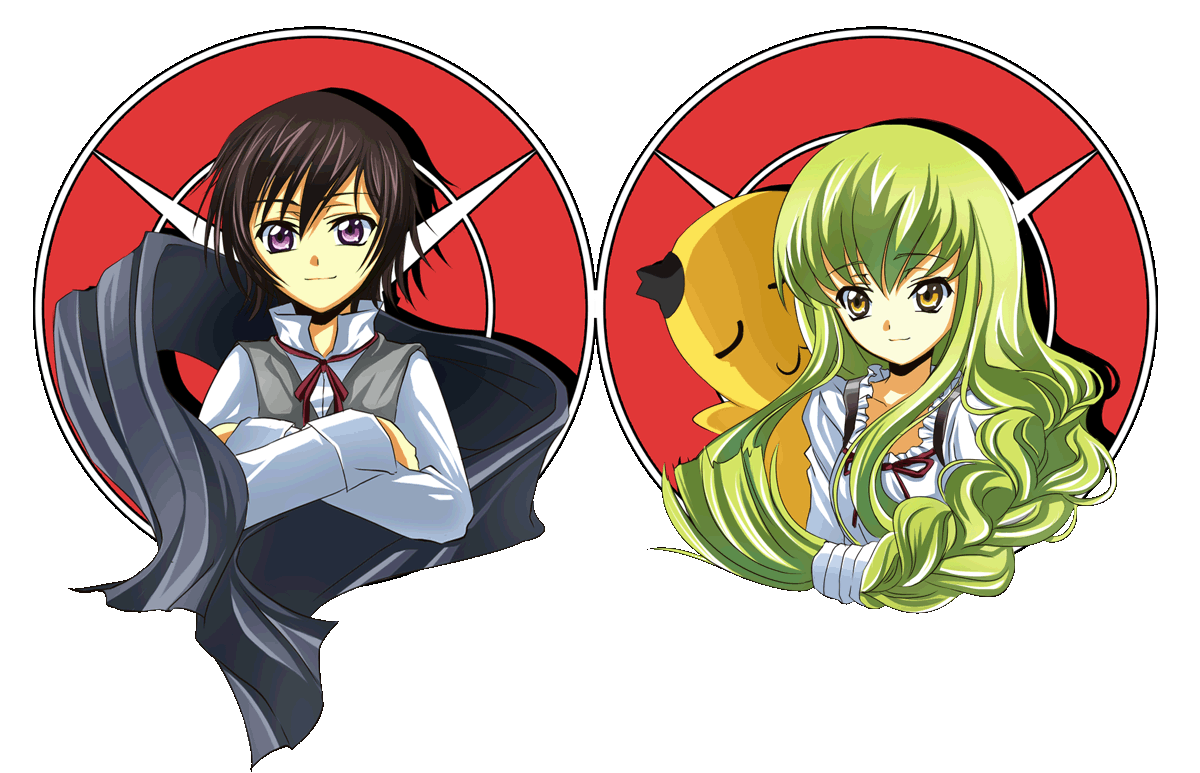 meimi k, c.c., cheese-kun, fukuyama jun, lelouch vi britannia, code geass, pizza hut, spice and wolf, 1boy, 1girl, aged down, cape, green hair, long hair, parody, transparent background, voice actor connection, yellow eyes