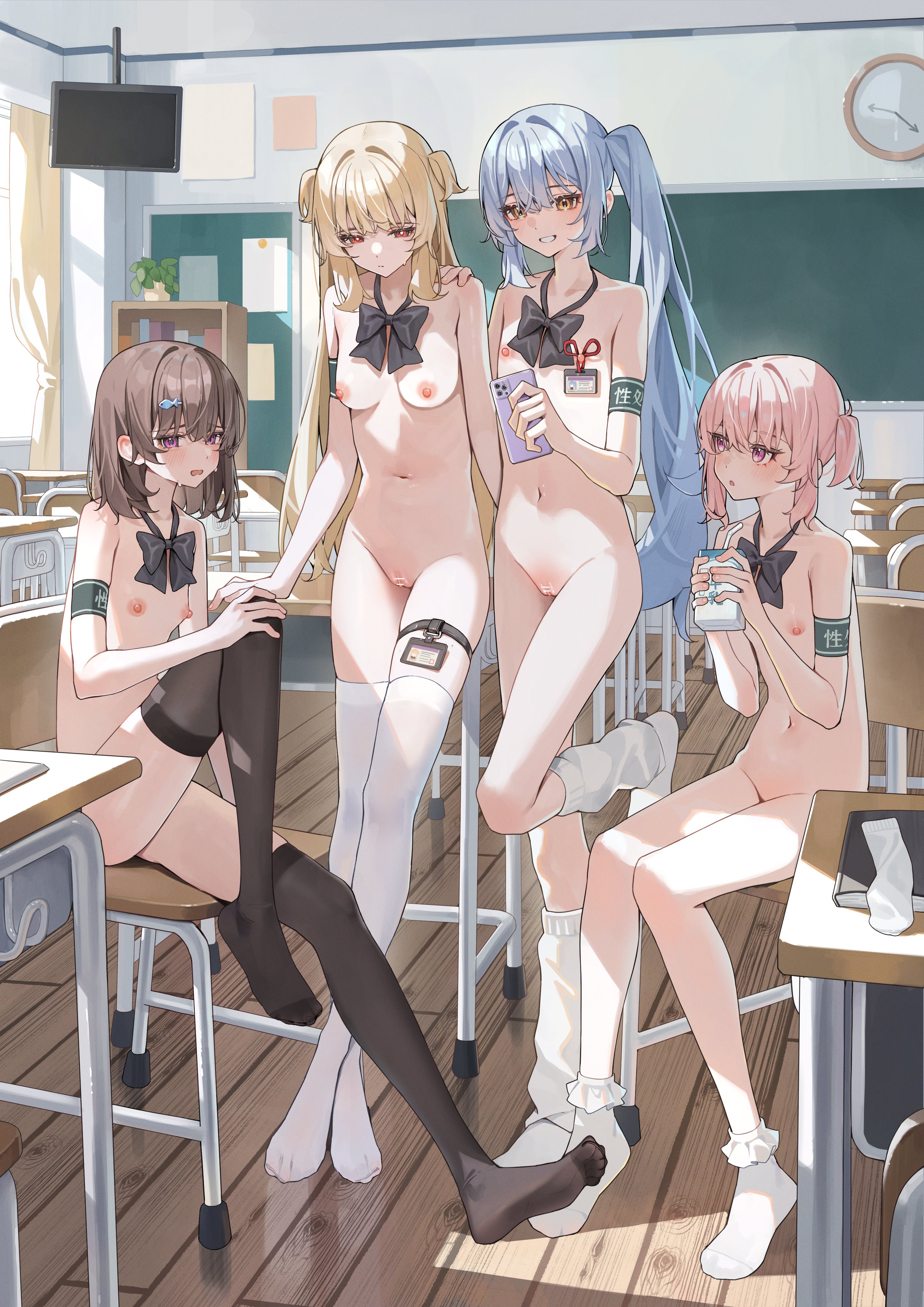xiao lin jiu, original, absurdres, commentary request, highres, paid reward available, revision, 4girls, :o, analog clock, armband, bar censor, black bow, black bowtie, black thighhighs, blonde hair, blue hair, blush, bow, bowtie, breasts, bright pupils, brown hair, cellphone, censored, center-flap bangs, chair, chalkboard, classroom, clock, closed mouth, day, desk, double-parted bangs, feet, fish hair ornament, flat chest, frilled socks, frills, hair between eyes, hair ornament, hand on another's shoulder, hand on own knee, hands up, holding, holding juice box, holding phone, id card, indoors, juice box, knee up, kneehighs, long bangs, long hair, looking at viewer, loose socks, medium hair, multiple girls, naked bowtie, naked school attendance, navel, nipples, no shoes, nude, on chair, open mouth, petite, phone, pink eyes, pink hair, public indecency, public nudity, purple eyes, pussy, raised inner eyebrows, red eyes, school chair, school desk, shadow, short hair, side ponytail, sitting, small breasts, smartphone, smile, socks, standing, stomach, sweat, television, thigh strap, thighhighs, toe seam, two side up, unworn socks, white pupils, white socks, white thighhighs, wispy bangs, wooden floor, yellow eyes, zenra