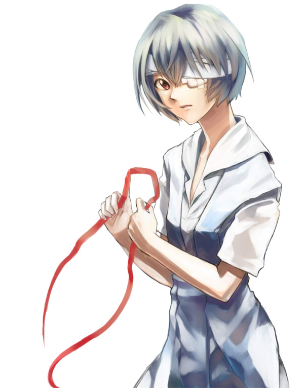 piaon, ayanami rei, neon genesis evangelion, rebuild of evangelion, bad id, bad pixiv id, 00s, 1girl, bag, bandage over one eye, bandages, blue hair, eyepatch, female focus, holding, open mouth, pale skin, pin, red eyes, ribbon, school uniform, short hair, skirt, solo