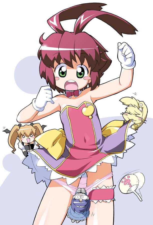 hiro hiroki, aiko (magipoka), liru, liru (wolf), pachira, yuuma (magipoka), renkin san-kyuu magical pokaan, 4girls, animal ears, assisted exposure, blonde hair, blue hair, blush, blush stickers, bow, bowtie, bracelet, chibi, covered navel, dog ears, dog tail, dress, fang, frilled thigh strap, glasses, gloves, gluteal fold, green eyes, hand fan, jewelry, loli, long hair, multiple girls, o o, open mouth, panties, panty pull, partially visible vulva, pink panties, pussy, pussy peek, red hair, short hair, spiked bracelet, spikes, strapless, tail, thigh strap, twintails, underwear, wings, wolf, wolf ears, wolf tail