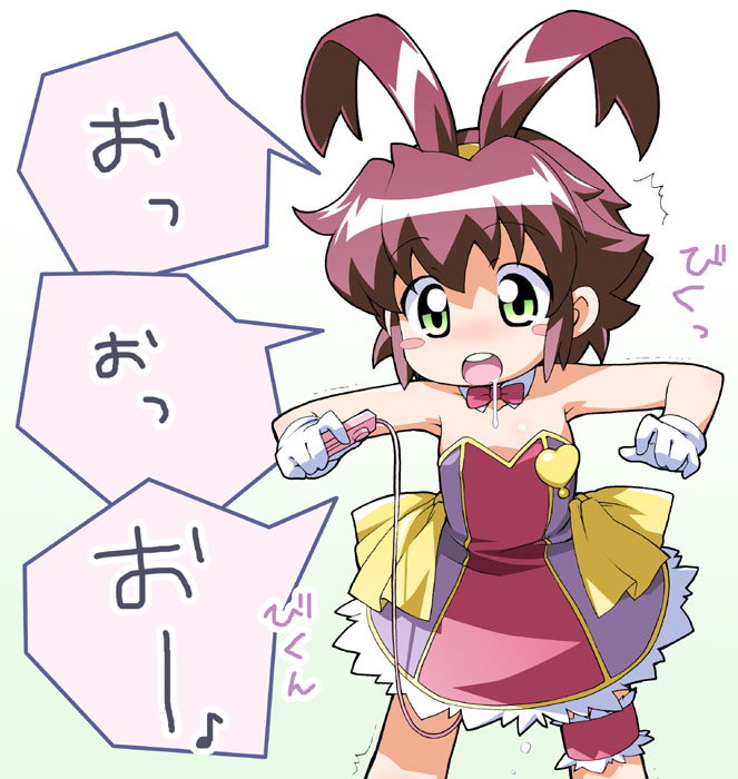 hiro hiroki, yuuma (magipoka), renkin san-kyuu magical pokaan, 1girl, blush, dress, female focus, female masturbation, frilled thigh strap, gloves, gradient background, green eyes, hairband, loli, masturbation, open mouth, pussy juice, red hair, saliva, sex toy, solo, thigh strap, vibrator