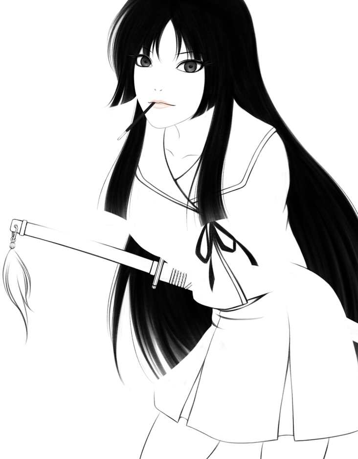 ryo.a, isayama yomi, ga-rei, ga-rei zero, bad id, bad pixiv id, 00s, bent over, black eyes, black hair, blunt bangs, food, hime cut, long hair, pocky, ribbon, school uniform, serafuku, sheath, sheathed, skirt, solo, sword, weapon