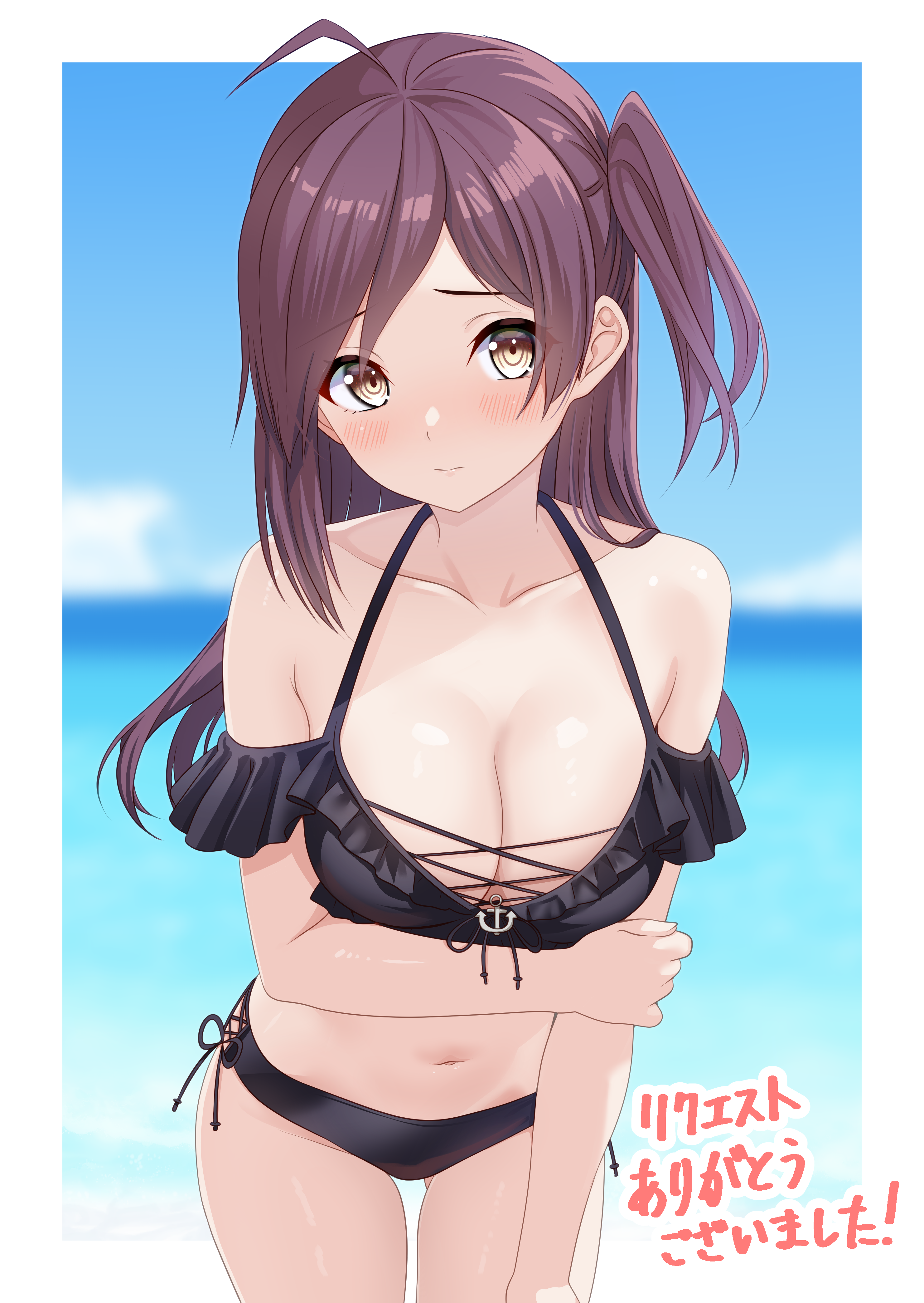 toketa-sekai, hagikaze (kancolle), naganami (kancolle), naganami kai ni (kancolle), naganami kai ni (swimsuit) (kancolle), kantai collection, absurdres, commentary request, commission, highres, pixiv commission, 1girl, ahoge, blurry, blurry background, blush, border, breasts, cleavage, collarbone, cosplay, cowboy shot, holding own arm, large breasts, long hair, looking at viewer, naganami (kancolle) (cosplay), naganami kai ni (kancolle) (cosplay), navel, one side up, outside border, purple hair, solo, swimsuit, white border, yellow eyes