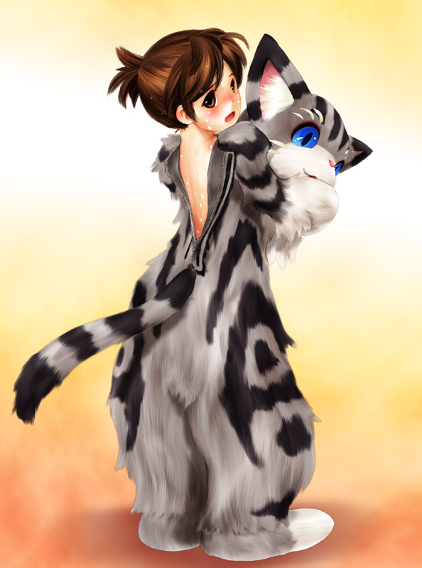 tashiro yuu, animal costume, animal ears, back, blush, cat, cat costume, cat ears, cosplay, costume, kigurumi, open mouth, sweat, undressing