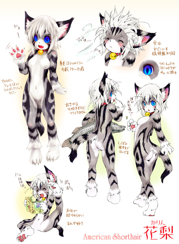 tashiro yuu, shimane karin, original, translated, 1girl, :<, animal ears, animal hands, ass, back, barefoot, bell, blue eyes, blush, breasts, cat, cat ears, cat tail, collar, fang, feet, female focus, fish, furry, furry female, gradient background, laughing, licking, licking finger, messy hair, neck bell, nude, pawpads, reading, soles, solo, spread legs, tail, toes, tongue, waving, whiskers, white hair