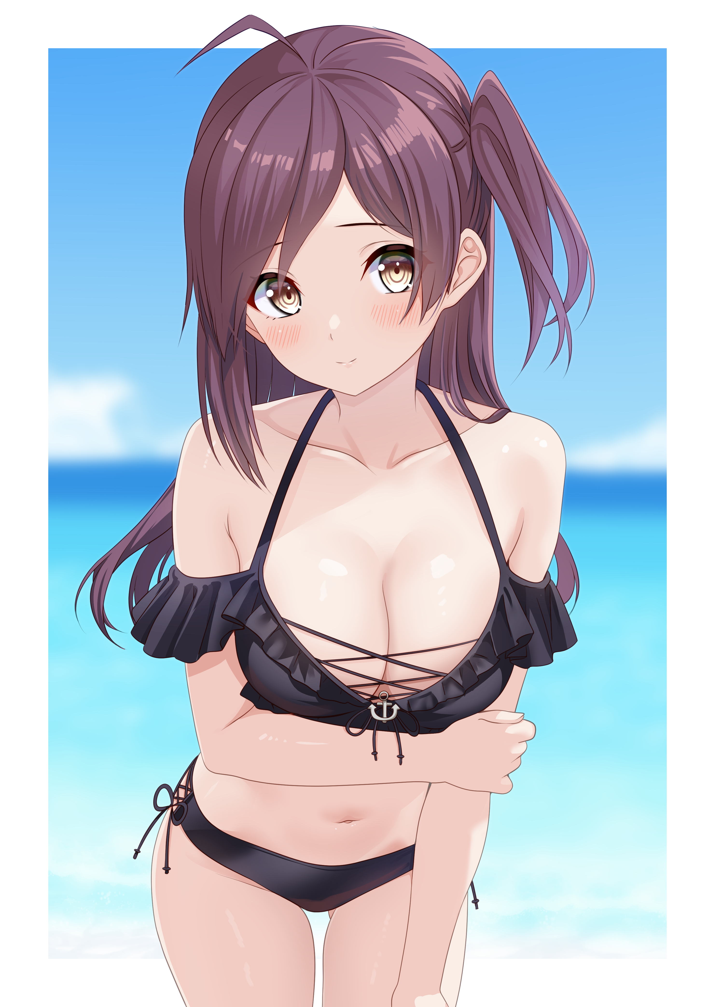 toketa-sekai, hagikaze (kancolle), naganami (kancolle), naganami kai ni (kancolle), naganami kai ni (swimsuit) (kancolle), kantai collection, absurdres, commentary request, commission, highres, pixiv commission, 1girl, ahoge, blurry, blurry background, blush, border, breasts, cleavage, collarbone, cosplay, cowboy shot, holding own arm, large breasts, long hair, looking at viewer, naganami (kancolle) (cosplay), naganami kai ni (kancolle) (cosplay), navel, one side up, outside border, purple hair, solo, swimsuit, white border, yellow eyes