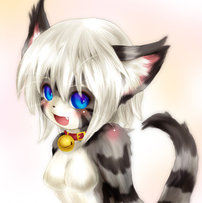 tashiro yuu, shimane karin, 1girl, animal ears, bell, blue eyes, blush, breasts, cat, cat ears, cat tail, close-up, collar, fang, female focus, furry, furry female, gradient background, looking at viewer, neck bell, open mouth, smile, solo, tail, whiskers, white hair