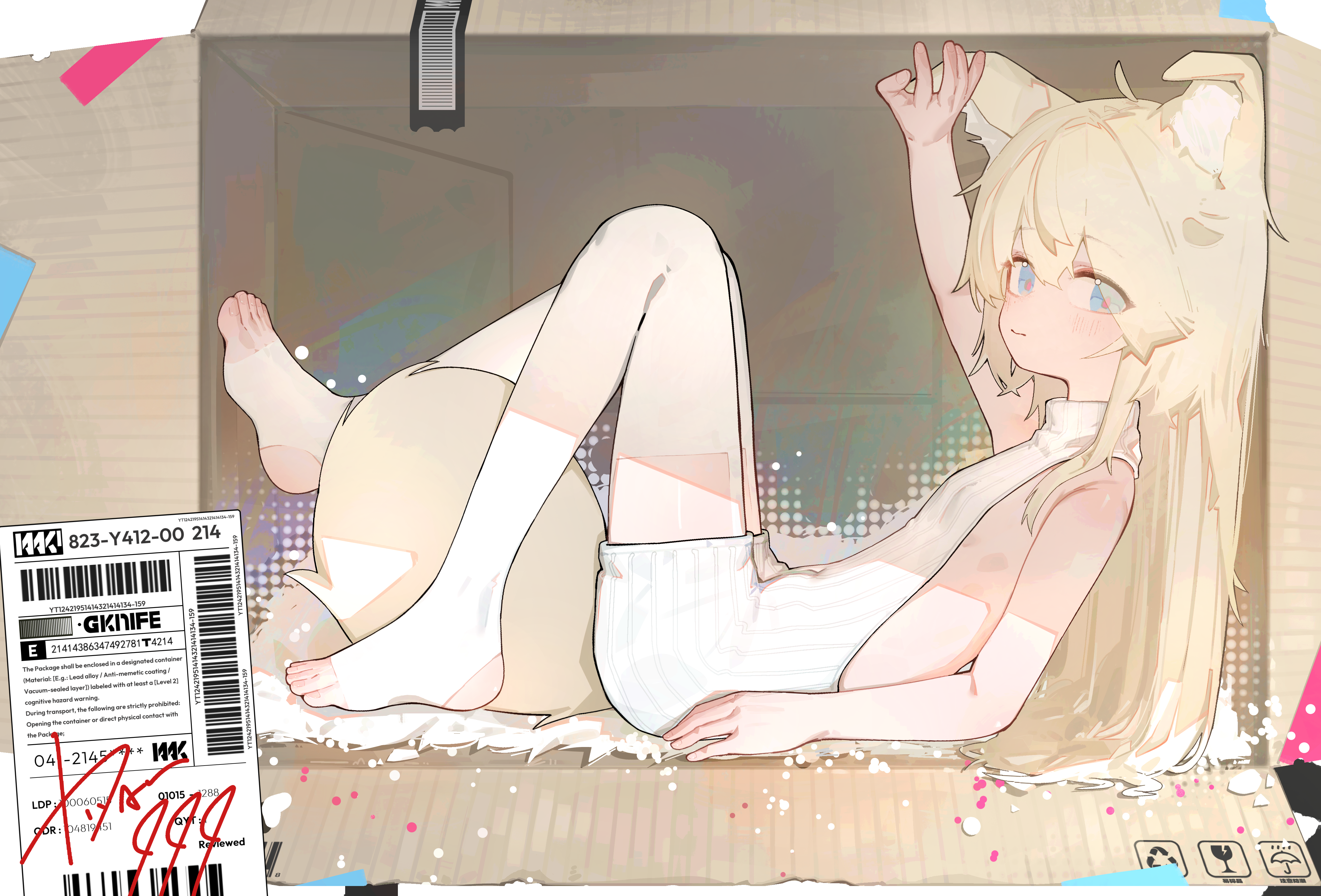 dorgar, original, absurdres, commentary, commission, english commentary, highres, 1girl, animal ears, barcode, blonde hair, blue eyes, box, breasts, cardboard box, closed mouth, fox ears, fox girl, in box, in container, long hair, small breasts, solo, tail