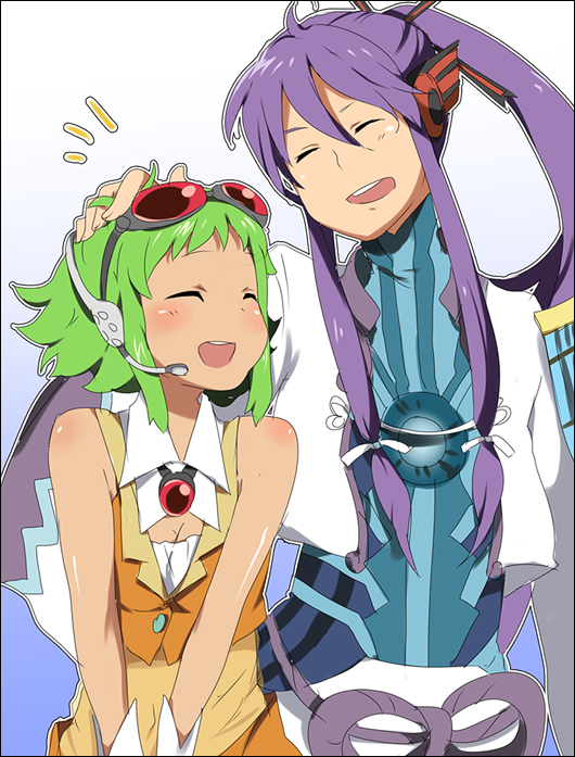 kl (dgzonbi), gumi, kamui gakupo, vocaloid, bare shoulders, closed eyes, goggles, green hair, hair ribbon, headpat, headphones, headset, long hair, ponytail, purple hair, ribbon, short hair, sleeveless, smile