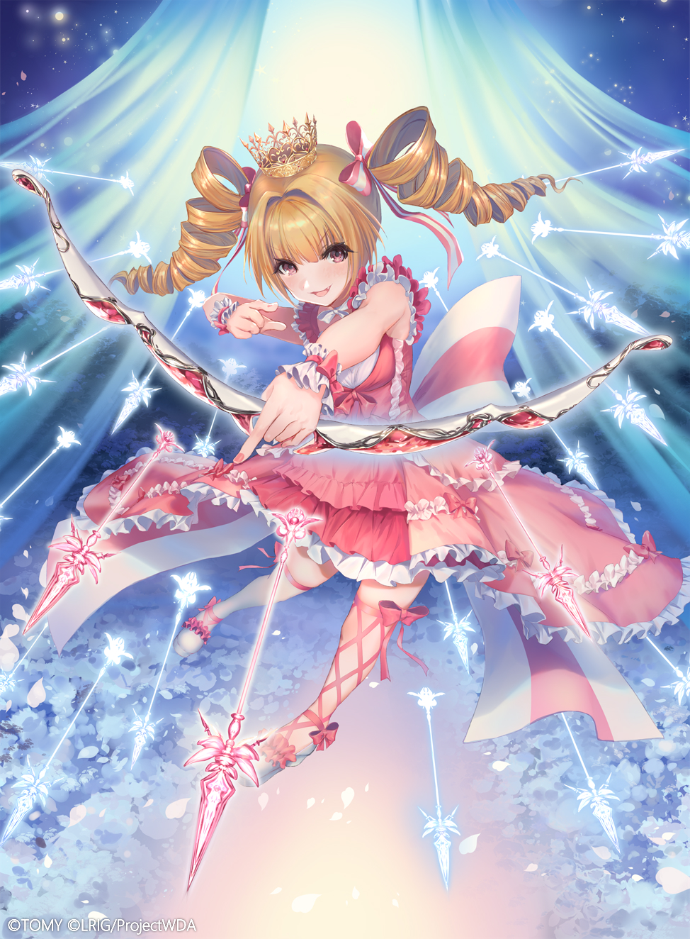 dqn (dqnww), wixoss, highres, official art, 1girl, blonde hair, blush, bow (weapon), copyright notice, crown, dress, drill hair, frilled dress, frills, holding, holding bow (weapon), holding weapon, looking at viewer, medium hair, navel, open mouth, pink dress, pink nails, smile, solo, thighhighs, twin drills, weapon, white thighhighs, yaekiri (wixoss), yellow eyes