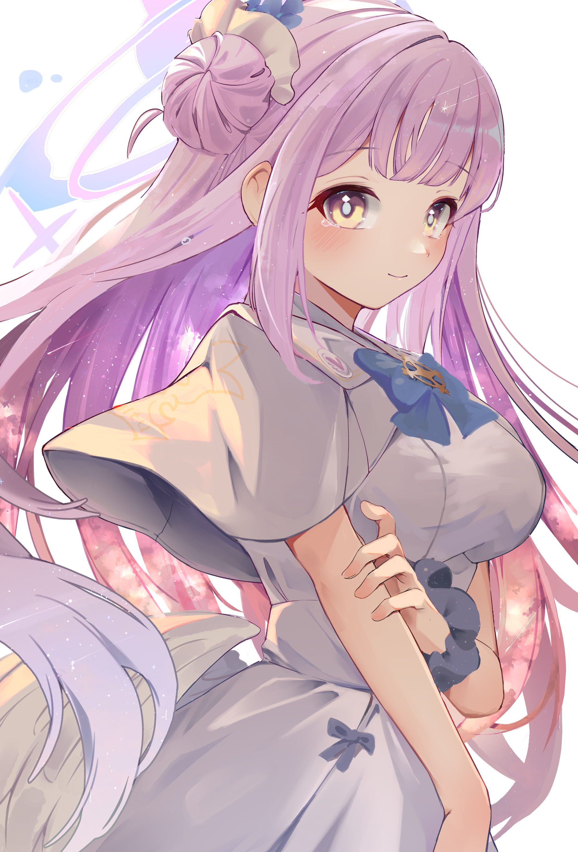 lala (tnre7287), mika (blue archive), blue archive, absurdres, highres, 1girl, blue bow, blush, bow, breasts, capelet, closed mouth, dress, flower, gradient hair, hair bun, hair flower, hair ornament, halo, long hair, looking at viewer, medium breasts, multicolored hair, pink hair, pink halo, purple hair, simple background, single hair bun, single side bun, smile, solo, tears, white background, white capelet, white dress, wrist cuffs