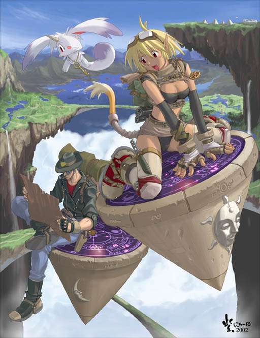 nyanko batake, animal ears, cat ears, cat tail, key, landscape, panties, pointy ears, tail, underwear